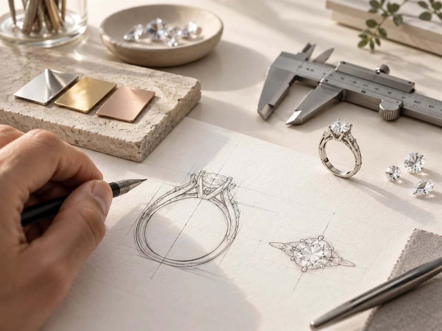 Illustrative custom ring design brief with hand sketch, material swatches and a sample ring