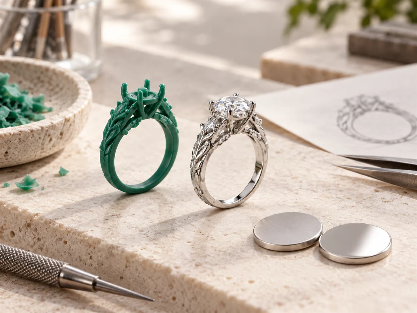Illustrative sample review with a wax ring model, finished gemstone ring and finish swatches