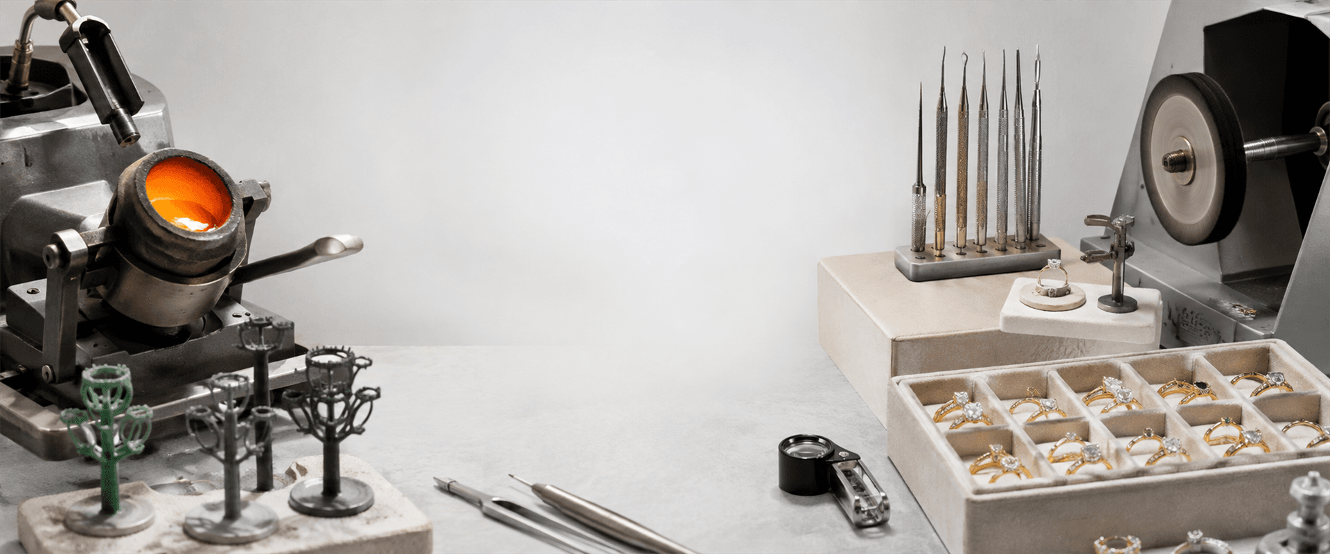 Jewelry manufacturing tools, wax models and finished rings