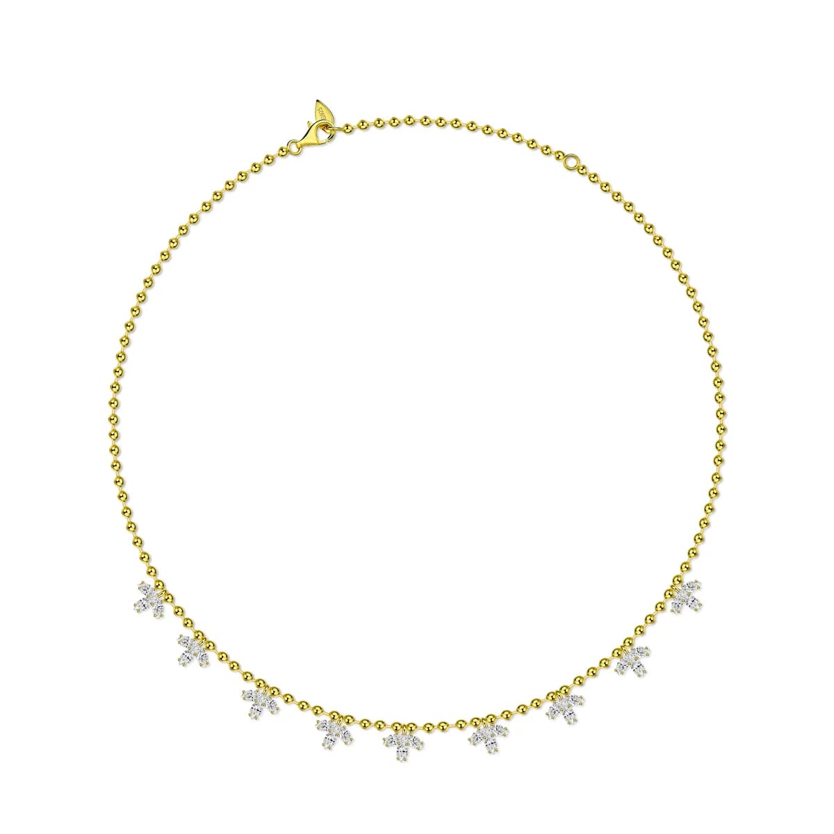 18K Gold Ball Chain CZ Flower Drop Choker