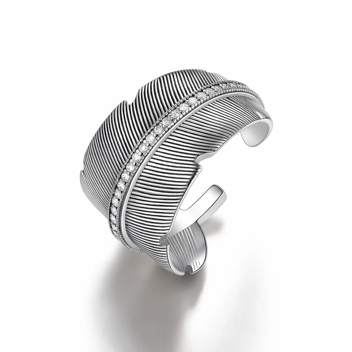3D Feather Brushed Pave CZ Adjustable Ring