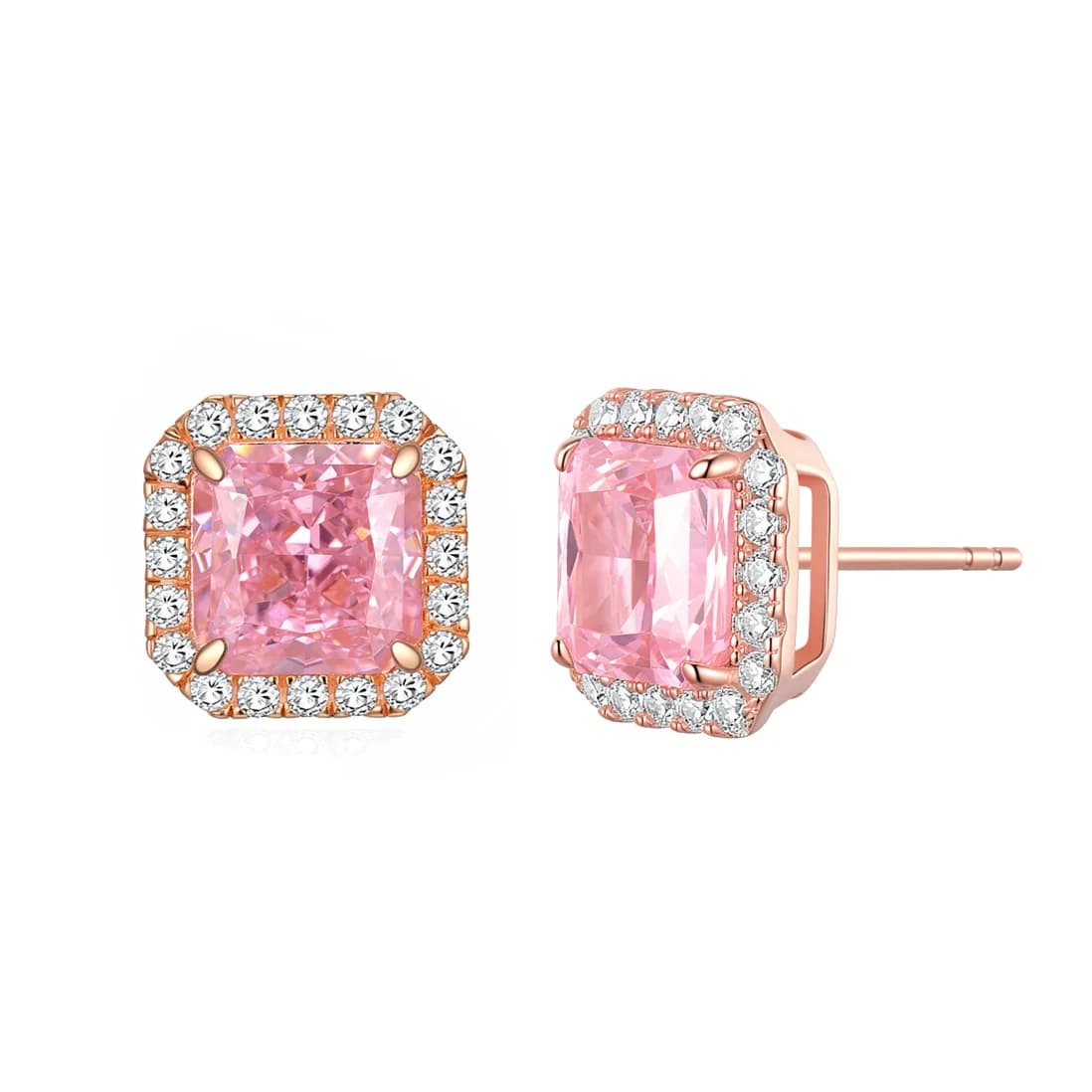 Cushion Sakura Pink Halo Rose Gold 4-Prong Studs