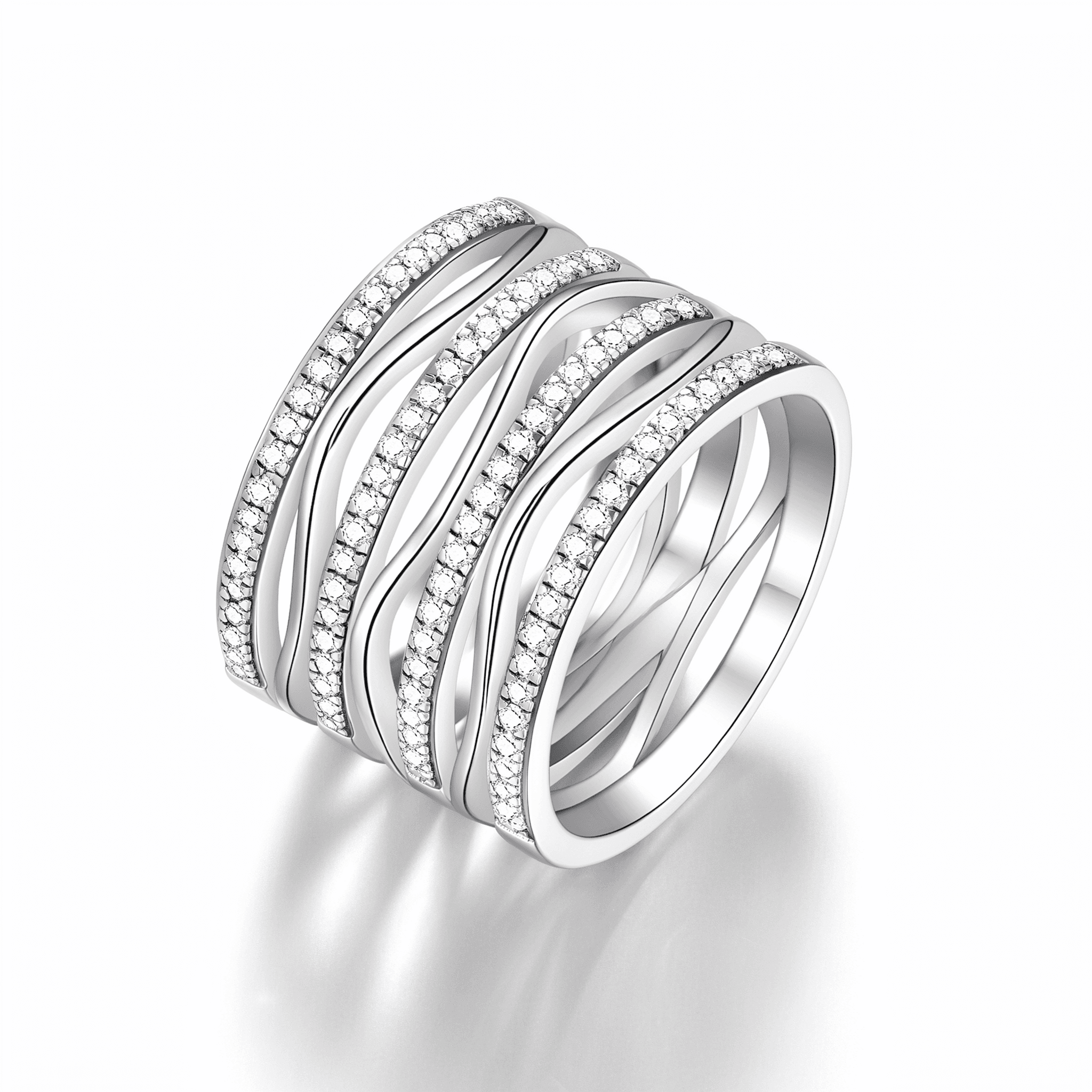 Four-Layer Wavy Intertwined Pave CZ Ring