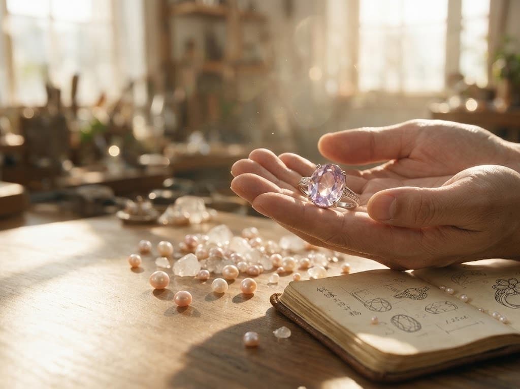 Jewelry artisan holding a gemstone ring over design sketches and pearls