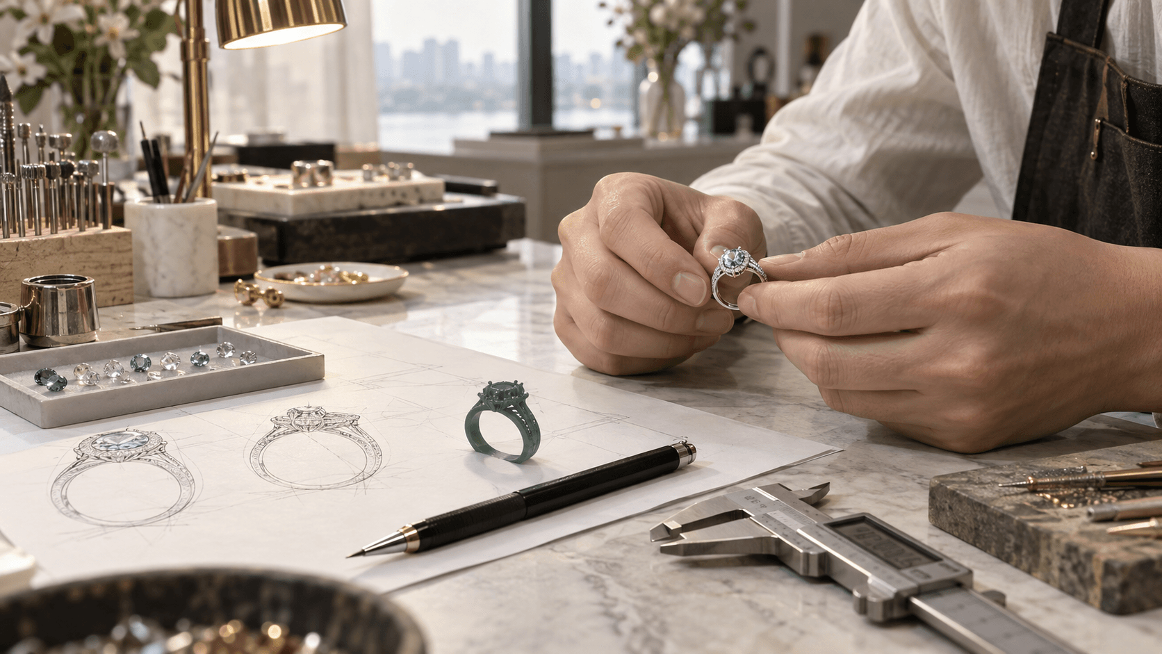 Jewelry artisan reviewing a gemstone ring, wax model, sketch and measurements at a development bench