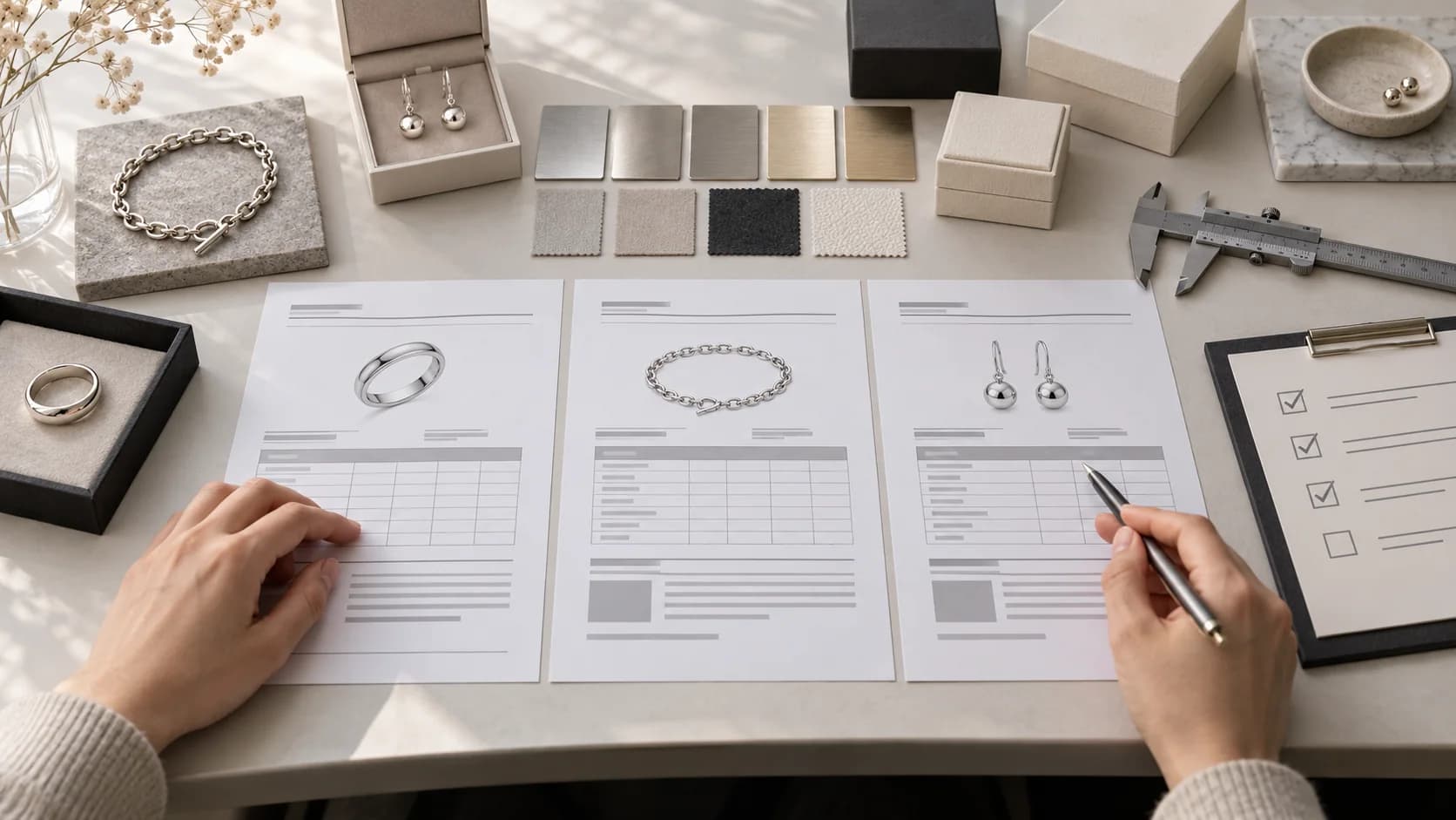 Illustrative buyer comparing structured quotation sheets beside silver jewelry, finish swatches, packaging and a caliper