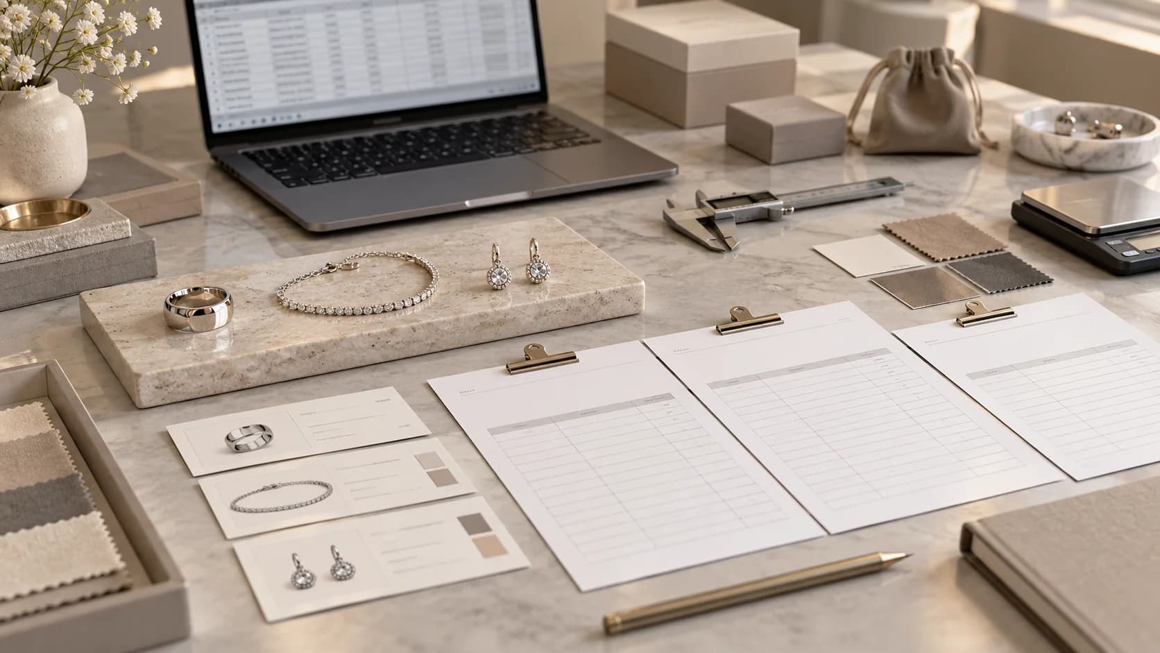 Illustrative jewelry procurement desk with ring, bracelet, earrings, quotation sheets, caliper, scale and packaging swatches