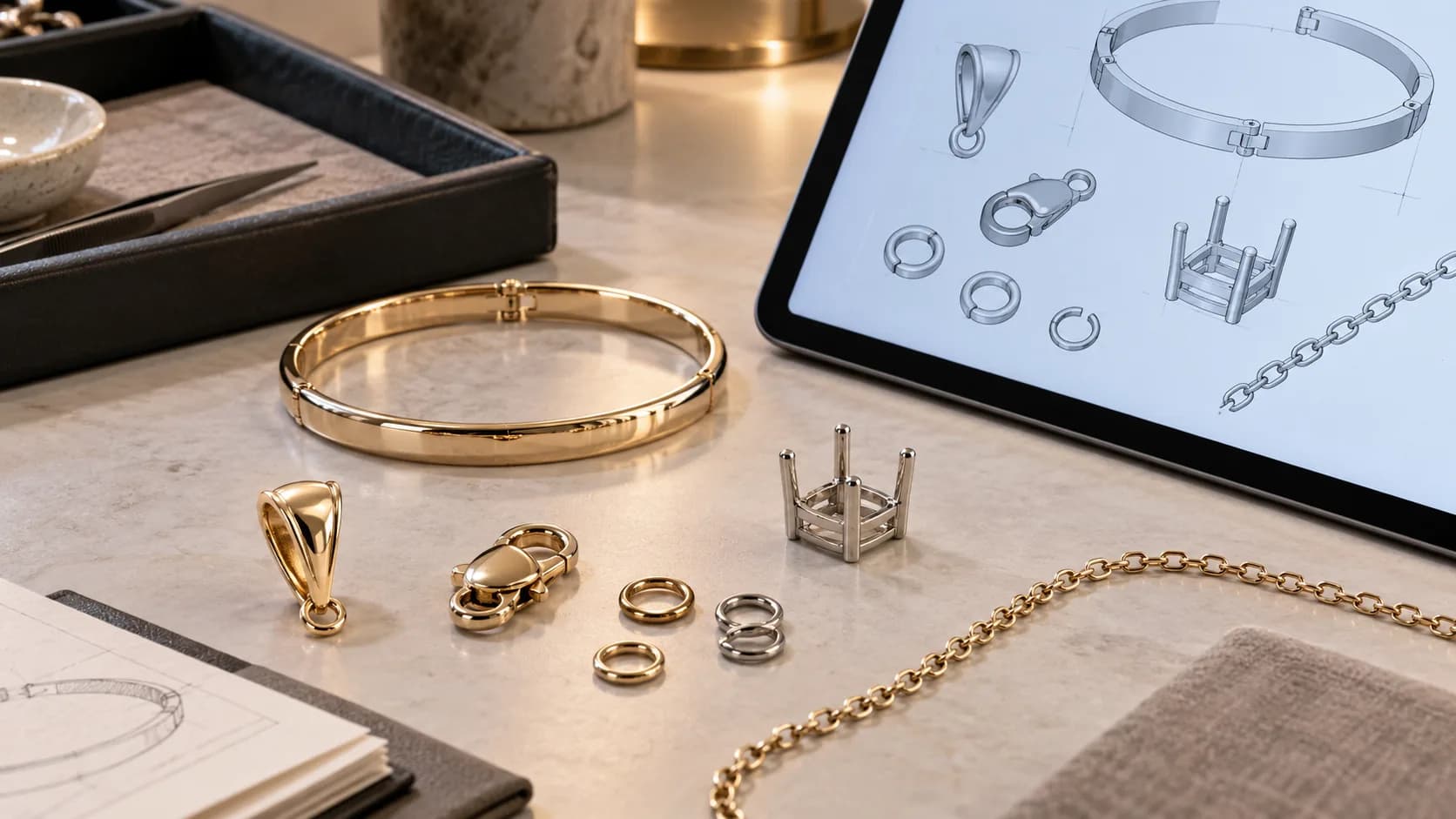 Unbranded pendant bail, hinged bangle, clasp, jump rings, prong setting and chain beside CAD component views