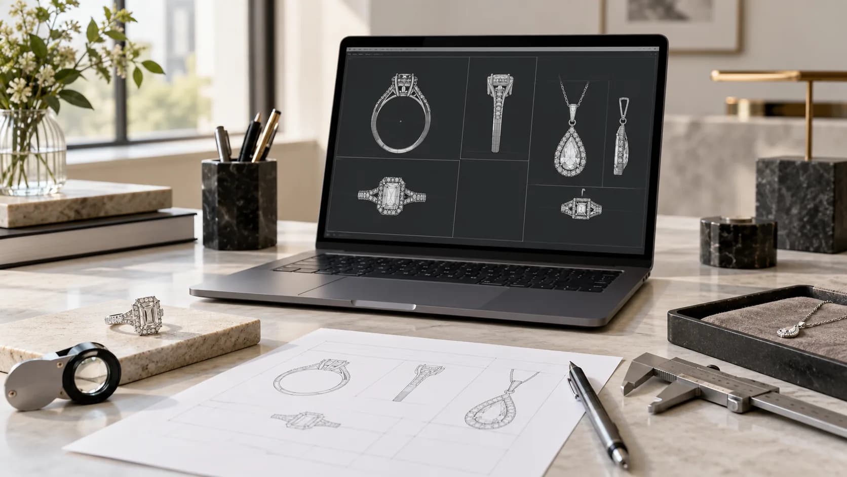Unbranded jewelry CAD views on a laptop beside a ring prototype, loupe, drawing and caliper