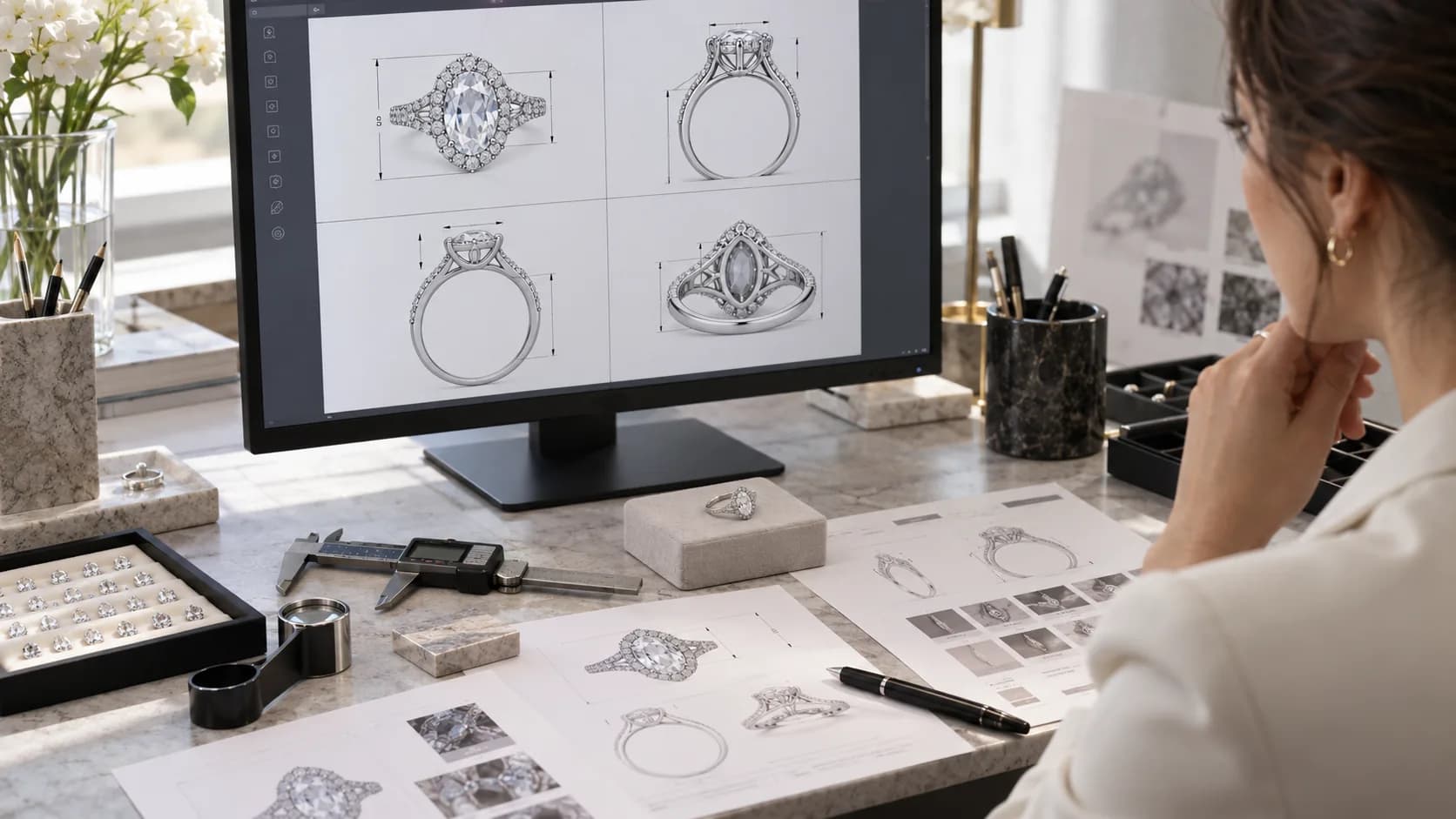 Buyer reviewing multiple unbranded ring CAD views beside a prototype and caliper