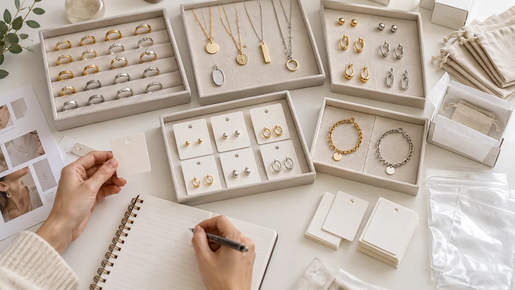 Unbranded rings, necklaces, earrings and bracelets arranged in trays for jewelry collection quantity planning