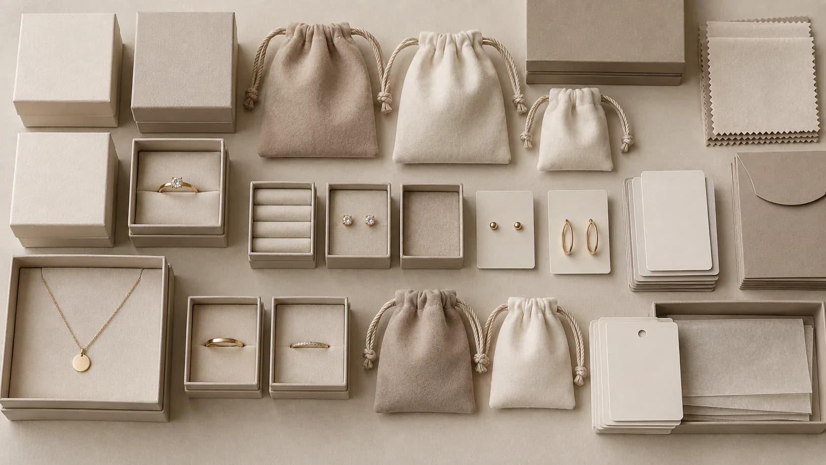 Plain jewelry boxes, pouches, inserts and unbranded jewelry arranged for packaging quantity planning
