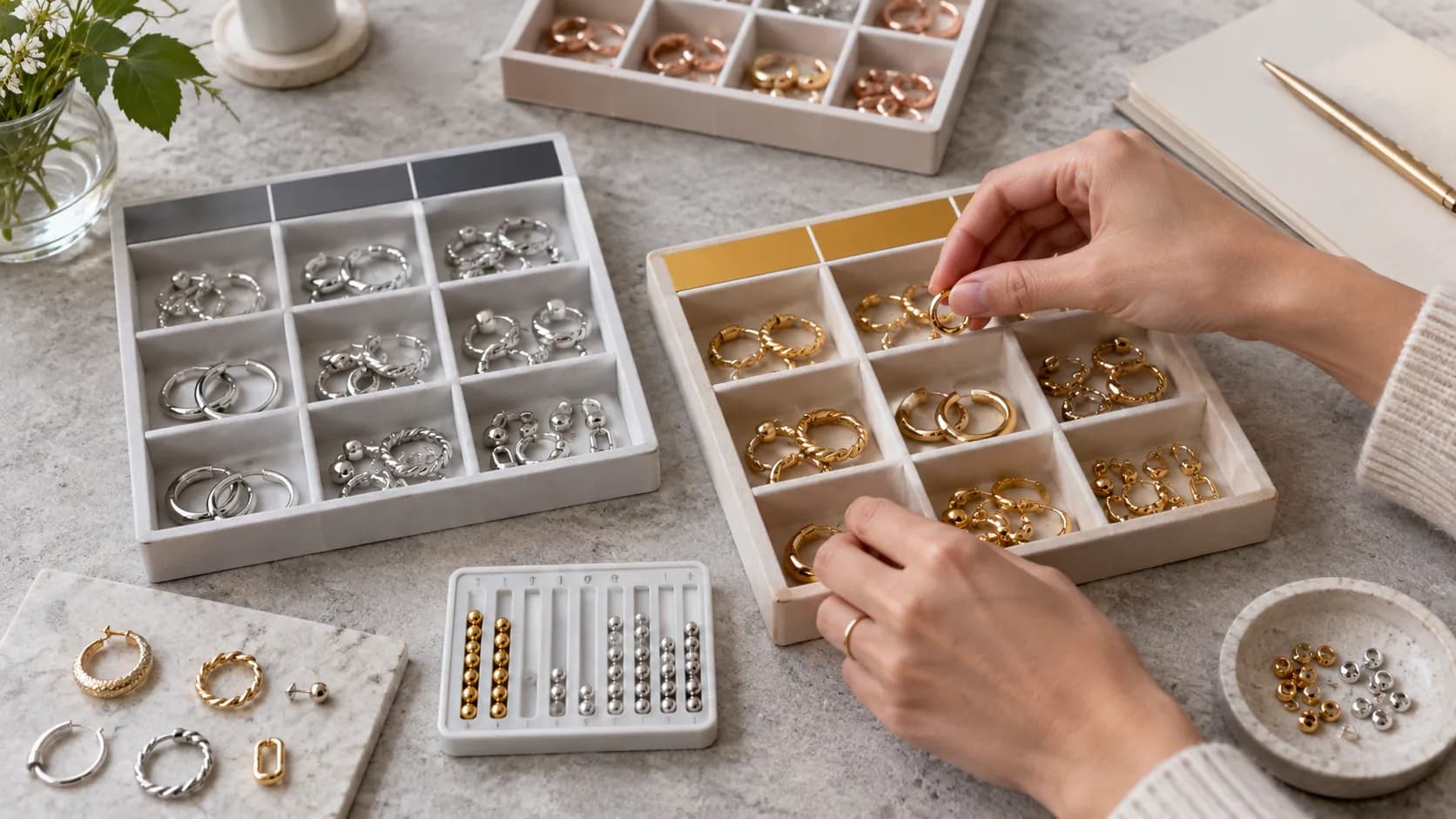 Buyer organizing unbranded silver-tone and gold-tone jewelry variants in compartment trays