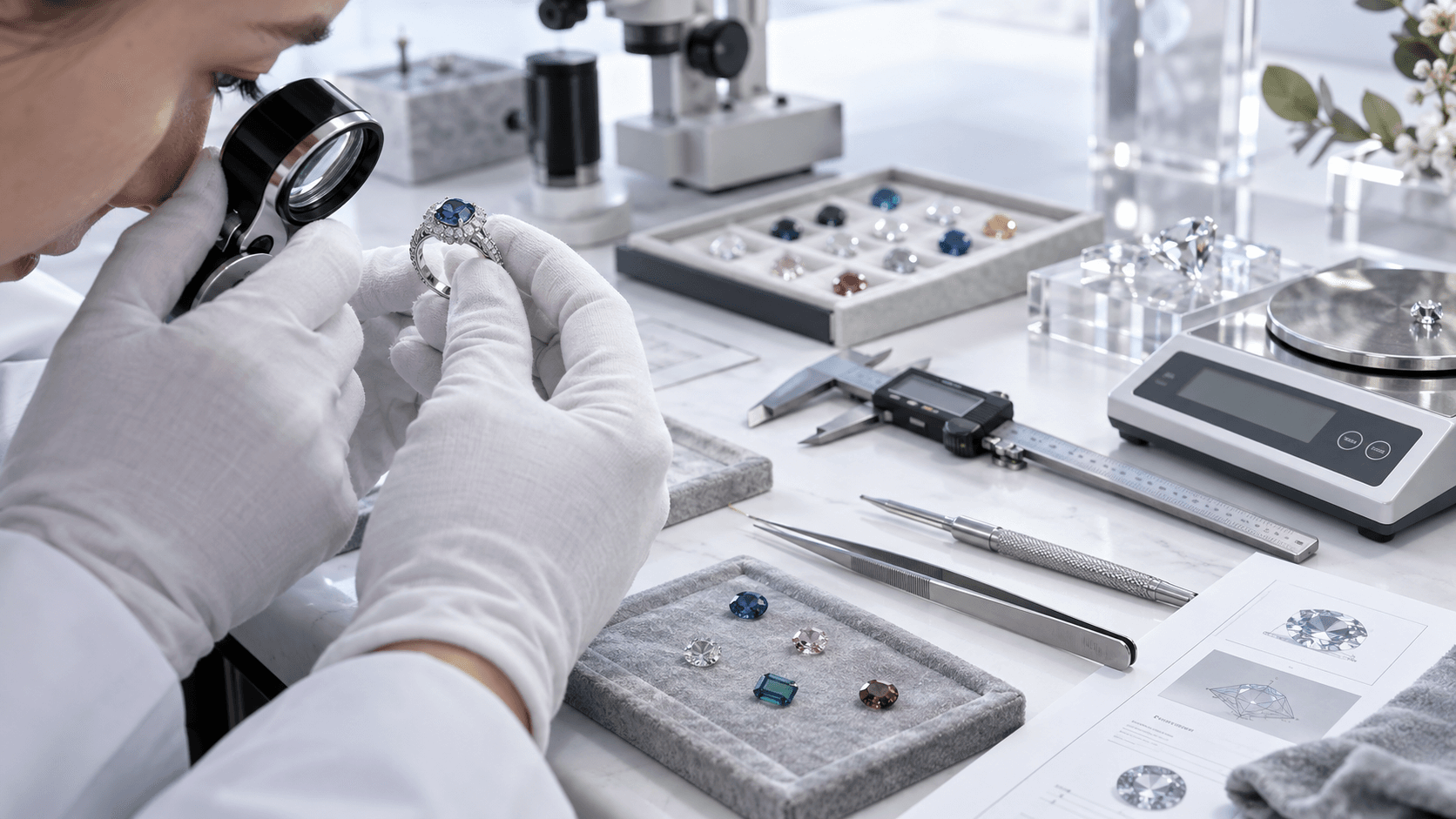 Jewelry quality specialist inspecting a colored gemstone ring beside precision tools and report sheets