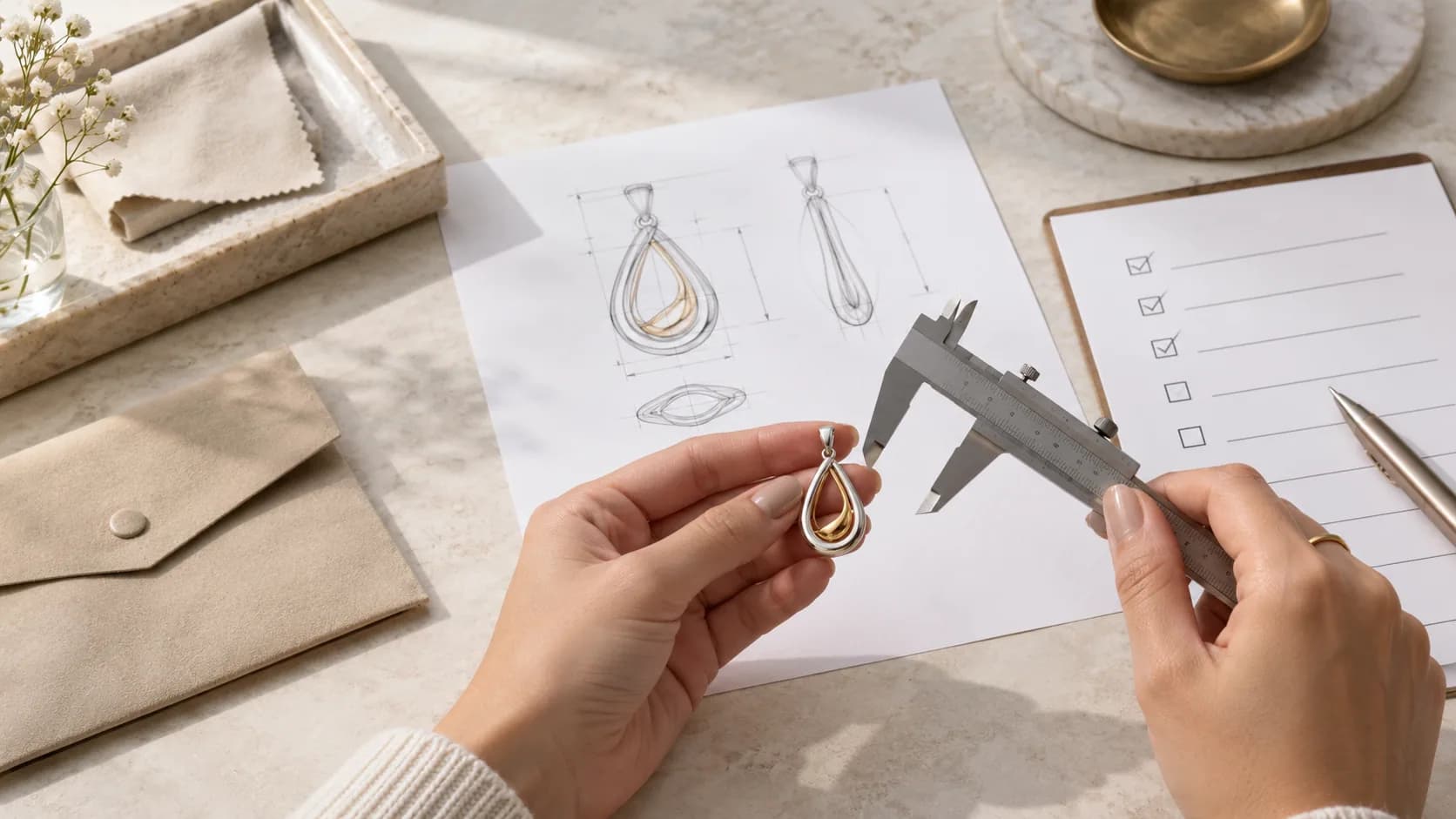 Buyer measuring an unbranded pendant sample beside a jewelry design drawing and approval checklist