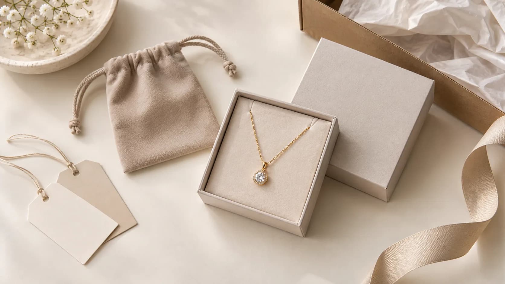 Unbranded pendant displayed with a plain jewelry box, pouch and packaging components