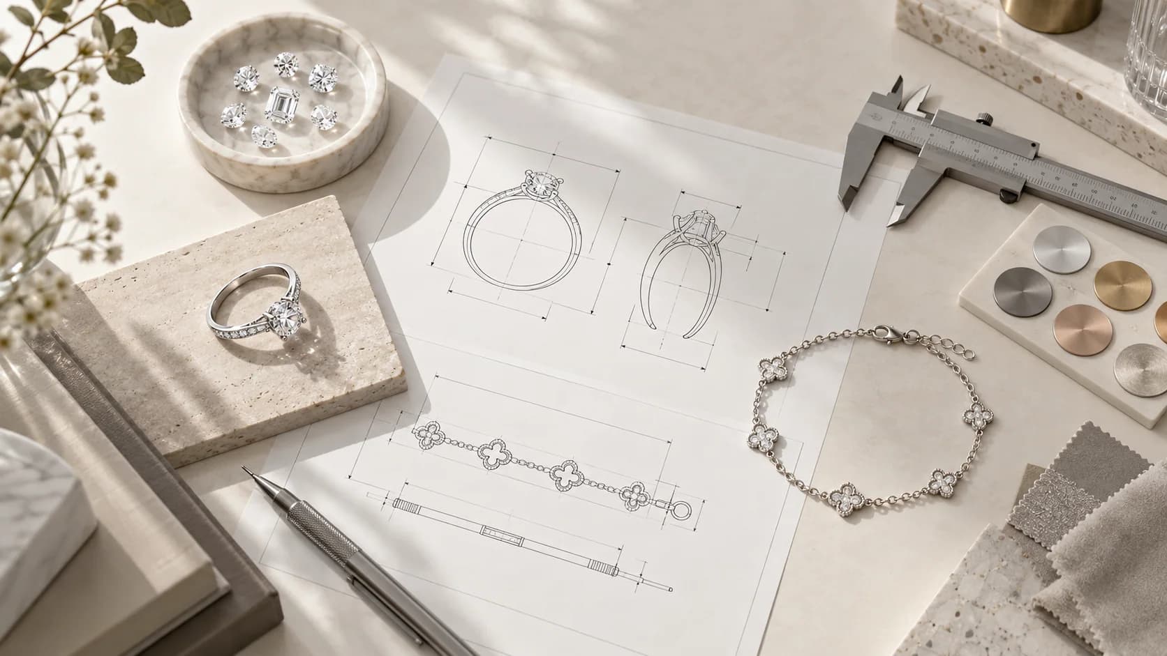 Illustrative jewelry tech pack desk with silver samples, technical drawings, caliper, stones and finish swatches