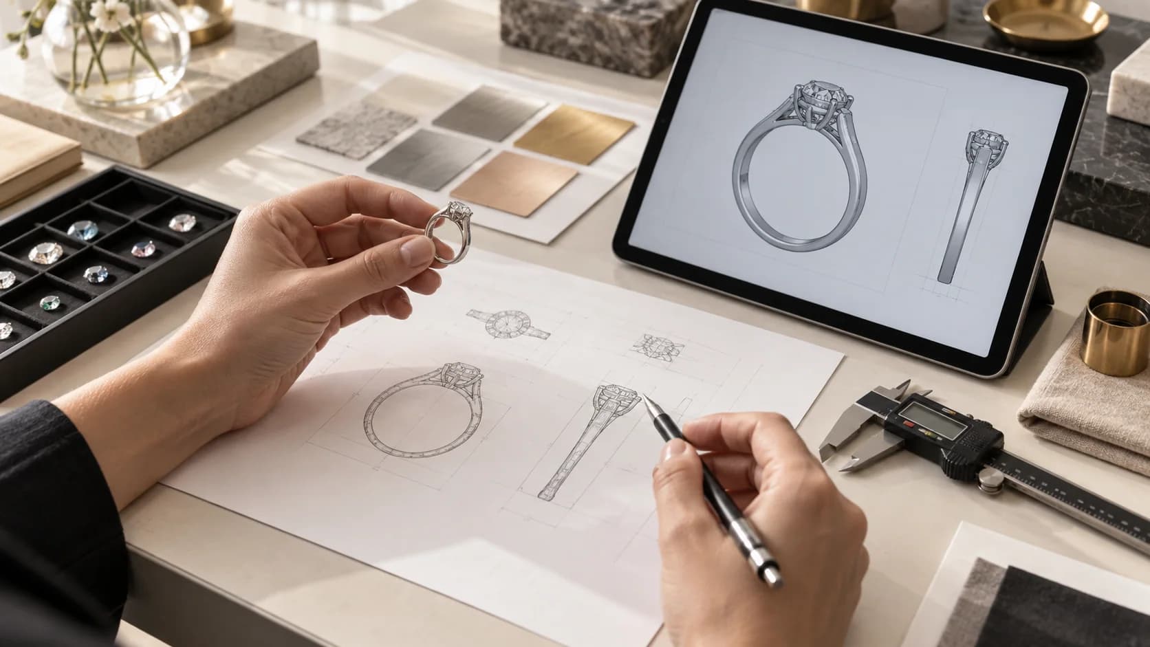 Illustrative product developer reviewing a silver ring sample, technical drawings, CAD view, caliper and finish swatches