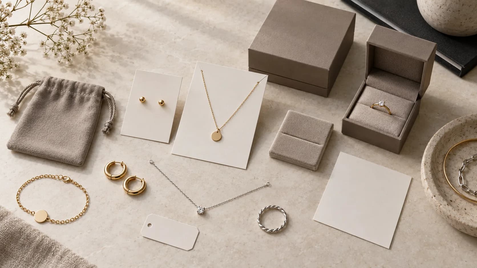 Unbranded jewelry cards, pouch, boxes, insert, labels and jewelry arranged for a packaging review