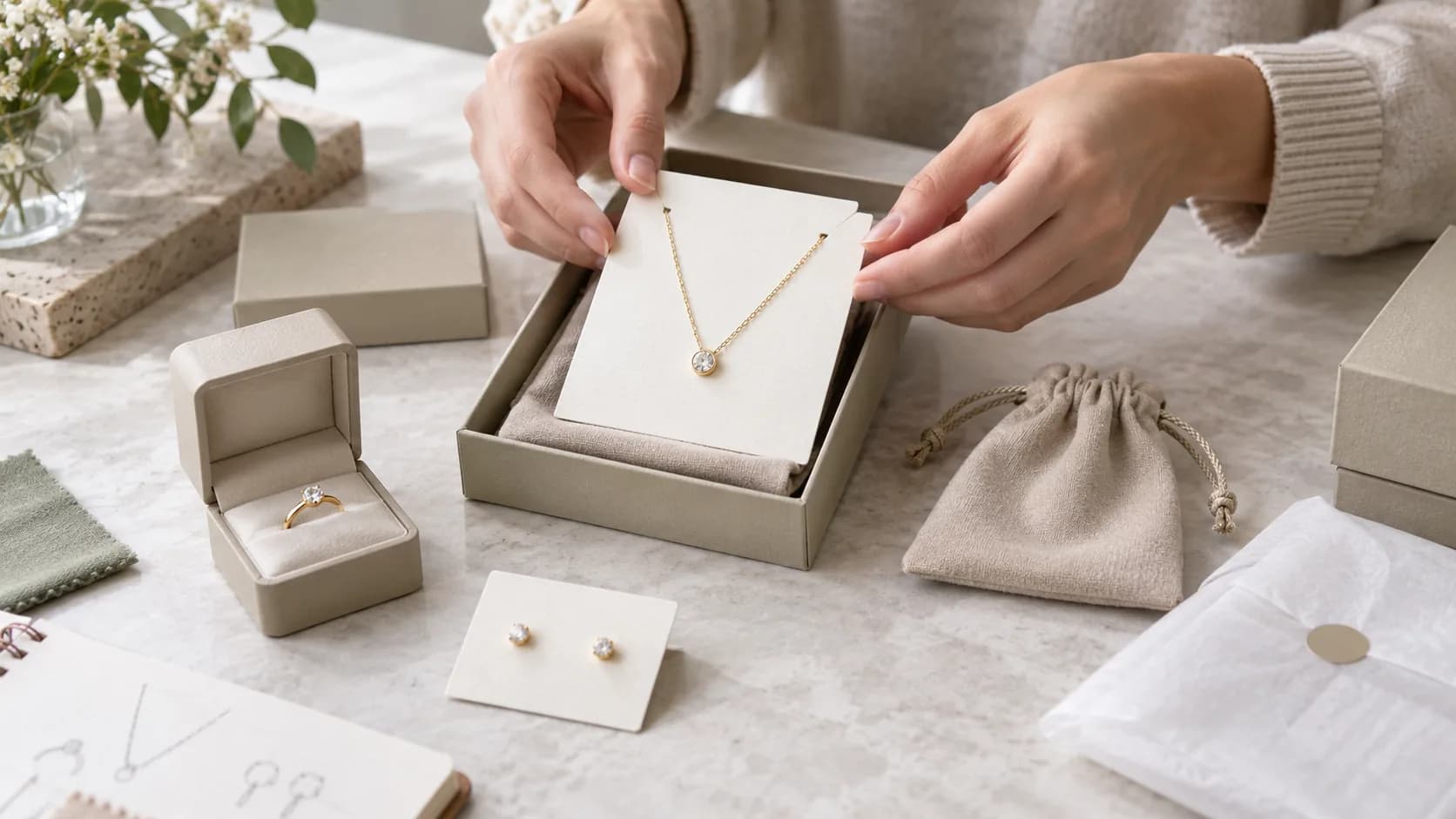 Hands placing an unbranded necklace card into a plain jewelry box beside a ring box, pouch and earring card