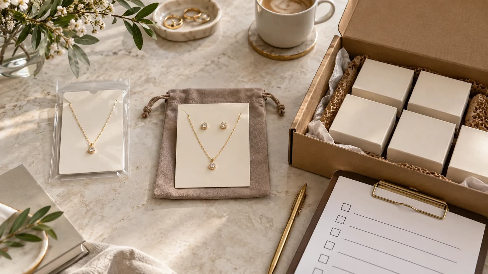 Unbranded one-piece jewelry pack, coordinated set and small boxes arranged in a protected shipment carton