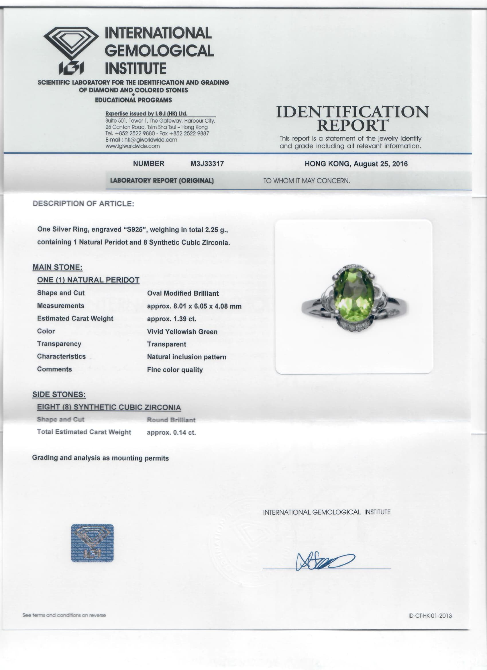 IGI identification report M3J33317 for S925 Natural Peridot Ring Sample