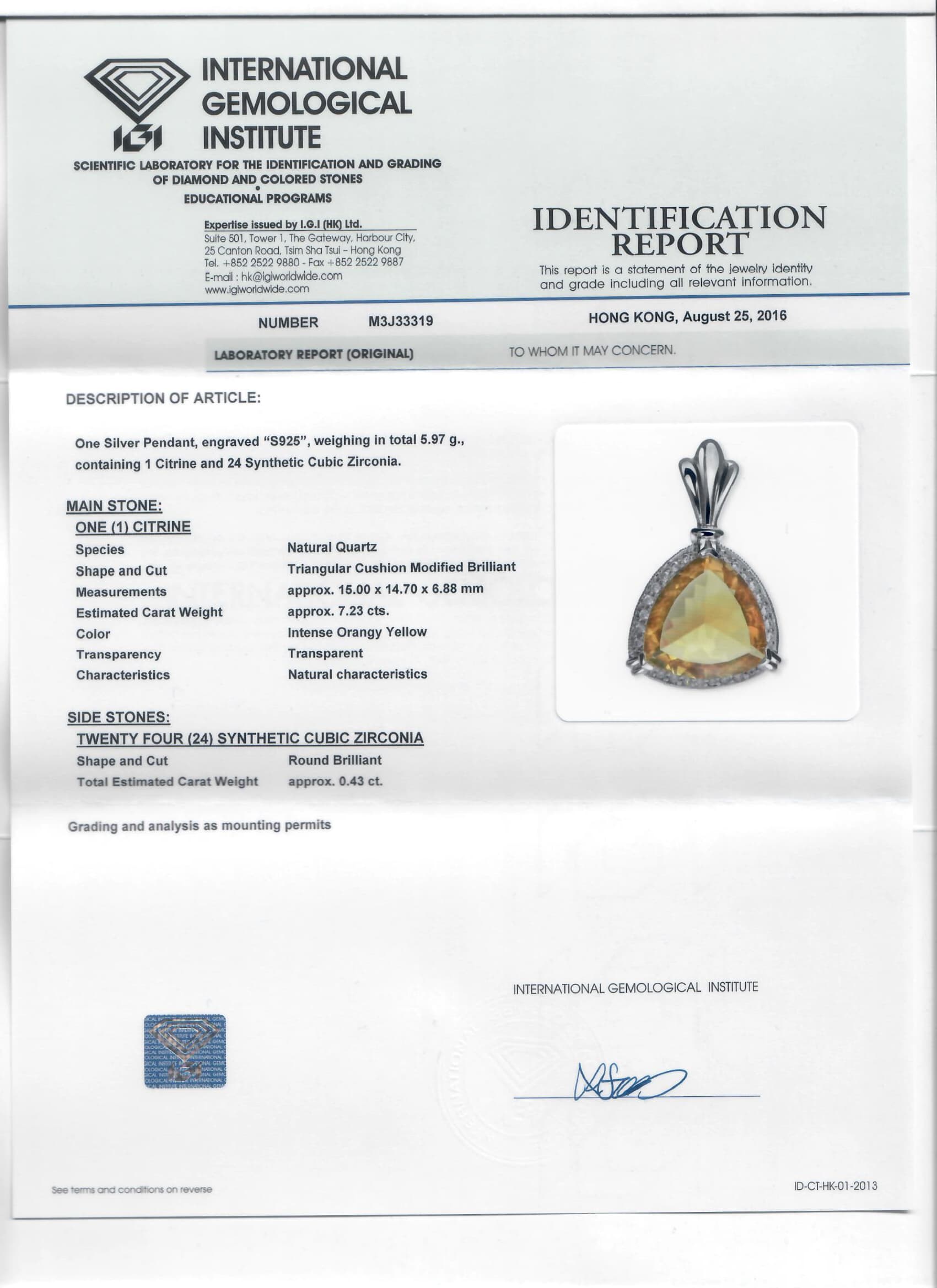 IGI identification report M3J33319 for S925 Natural Citrine Pendant Sample