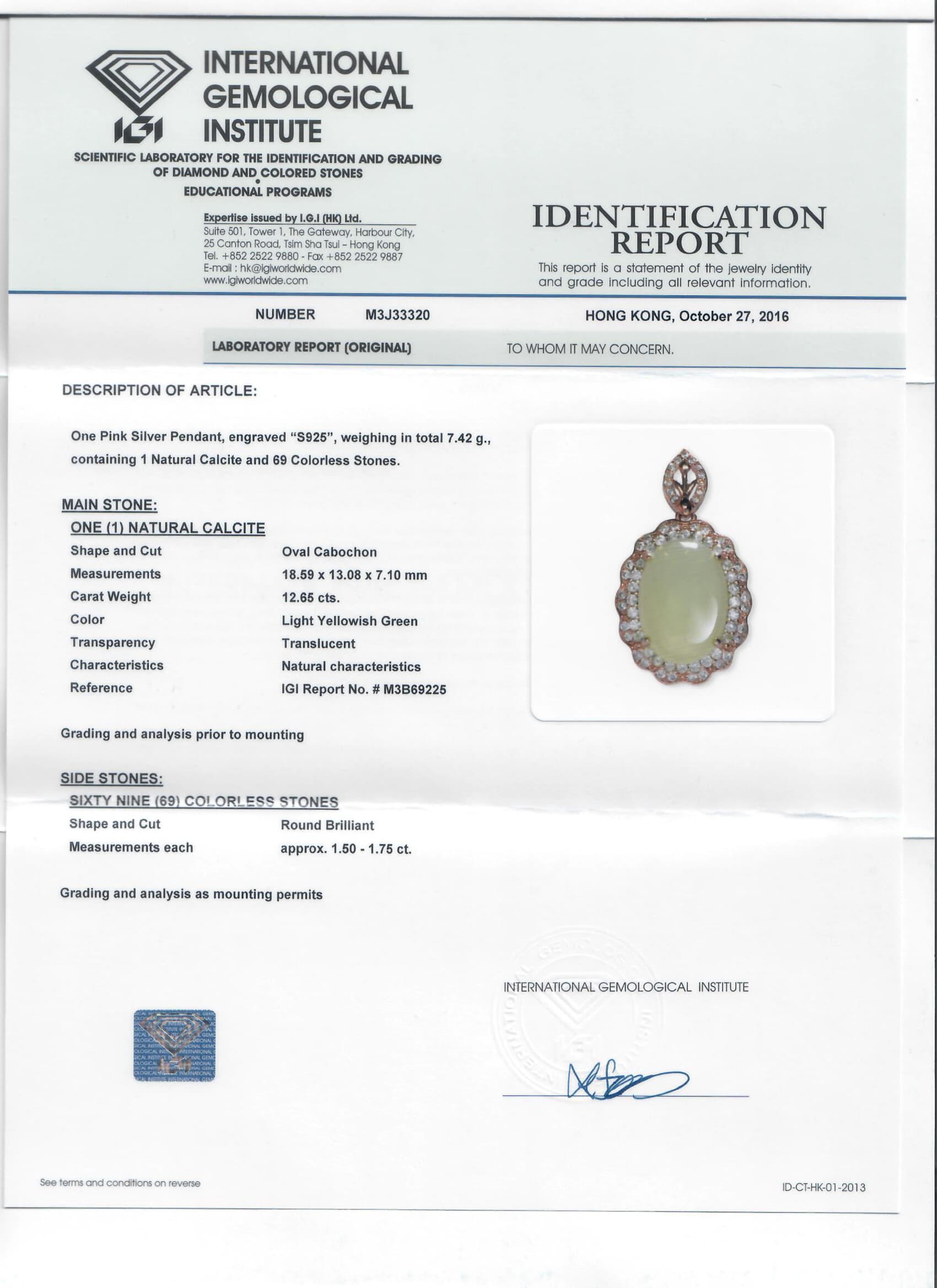 IGI identification report M3J33320 for S925 Natural Calcite Halo Pendant Sample