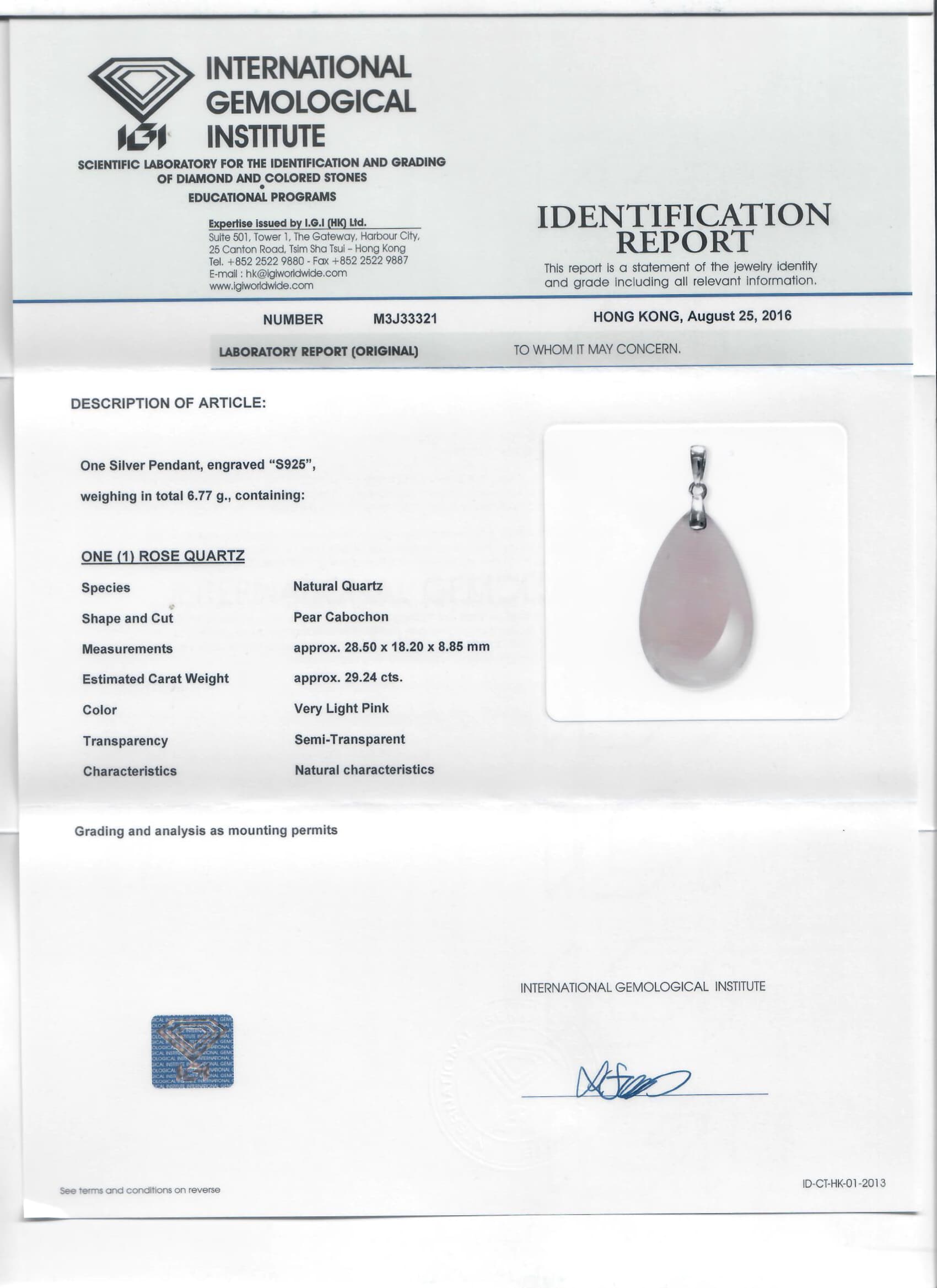 IGI identification report M3J33321 for S925 Silver Rose Quartz Pendant Sample