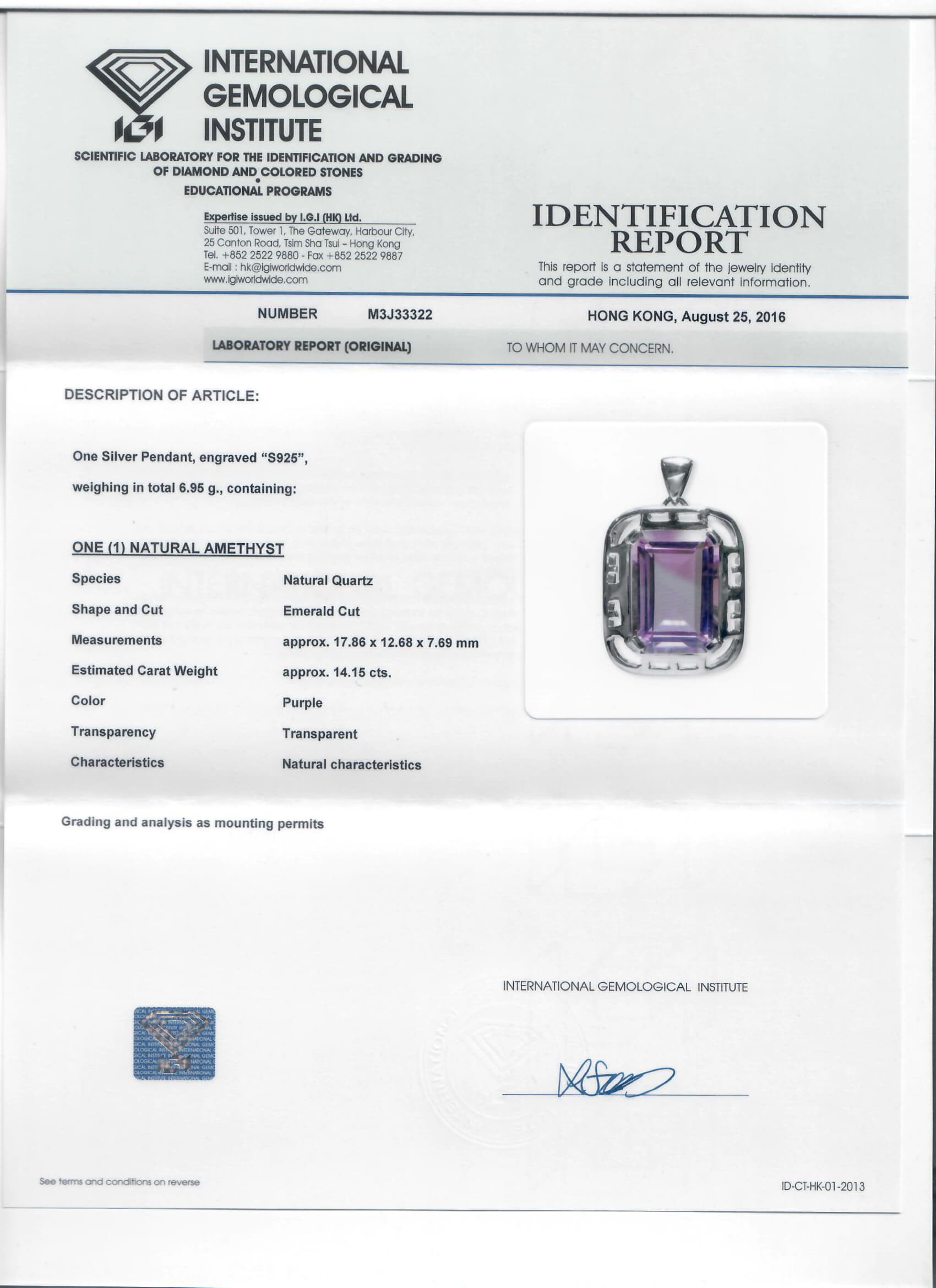 IGI identification report M3J33322 for S925 Natural Amethyst Pendant Sample