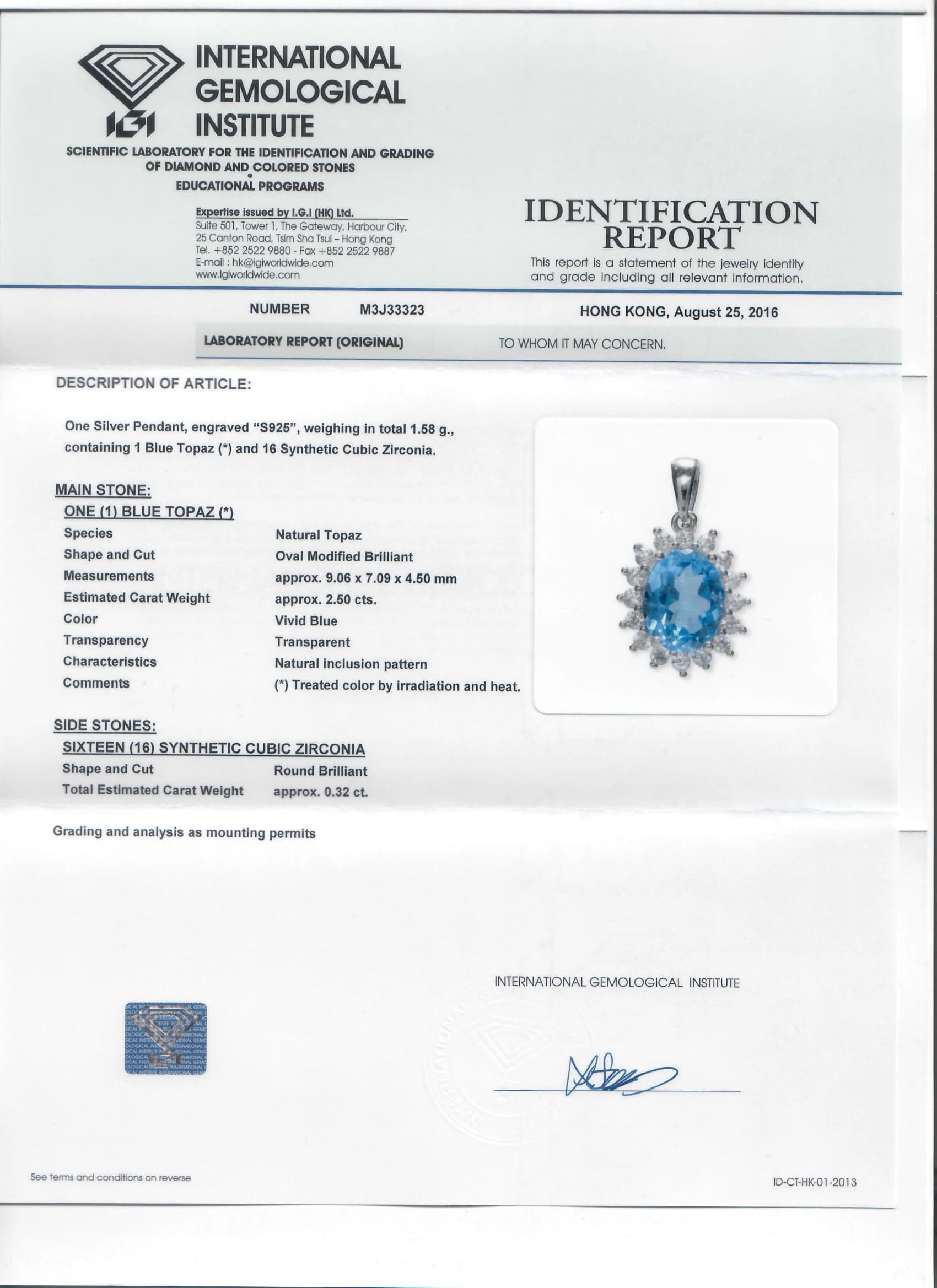 IGI identification report M3J33323 for S925 Silver Blue Topaz Halo Pendant Sample