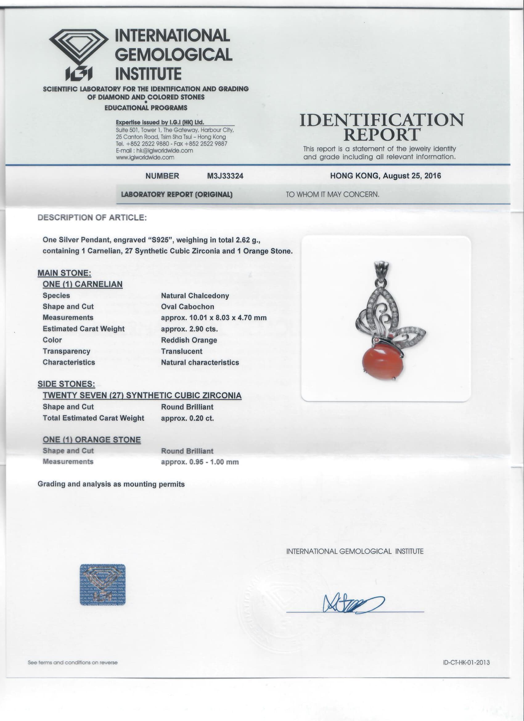 IGI identification report M3J33324 for S925 Natural Carnelian Pendant Sample