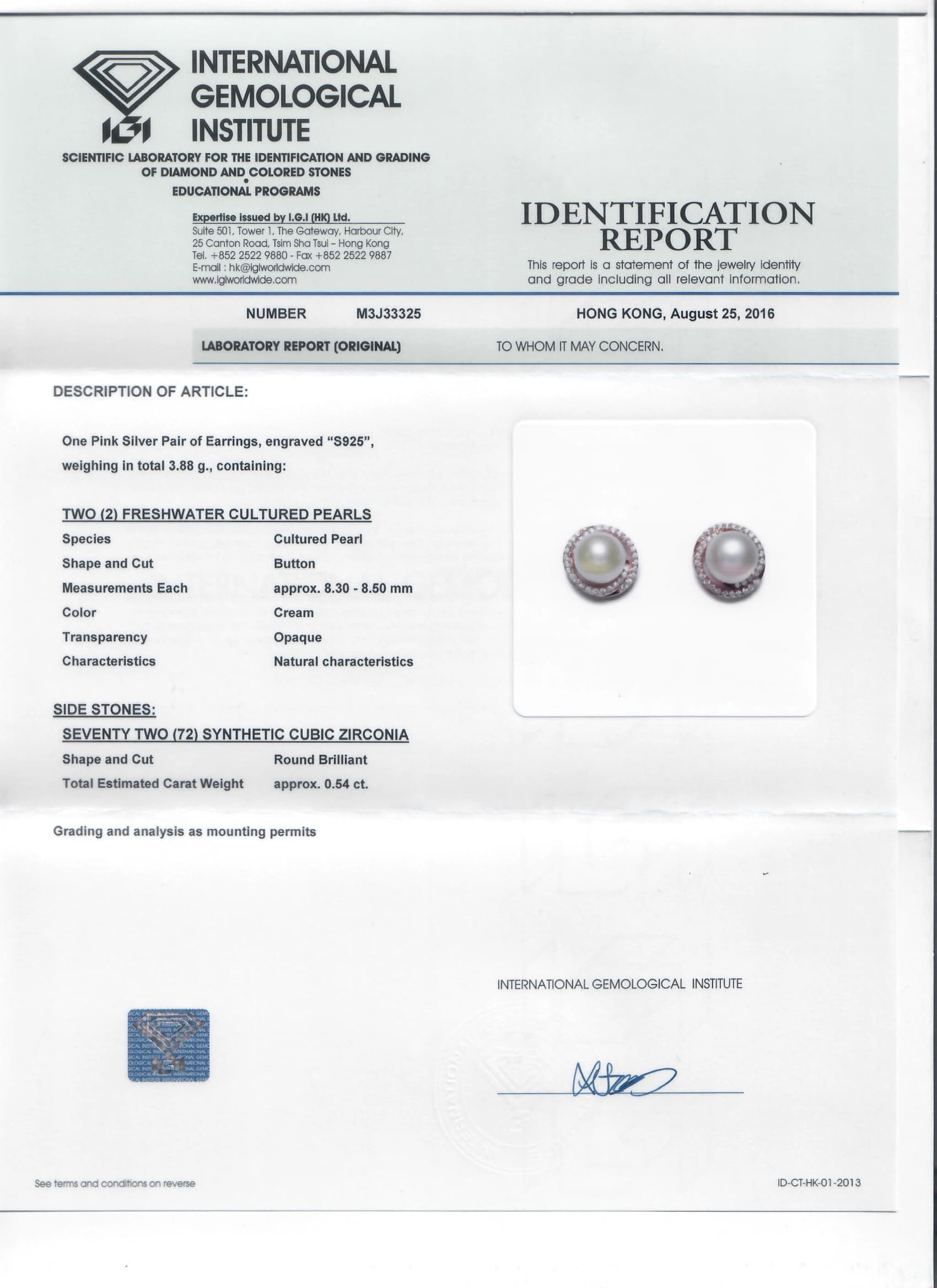 IGI identification report M3J33325 for S925 Freshwater Cultured Pearl Halo Earrings Sample