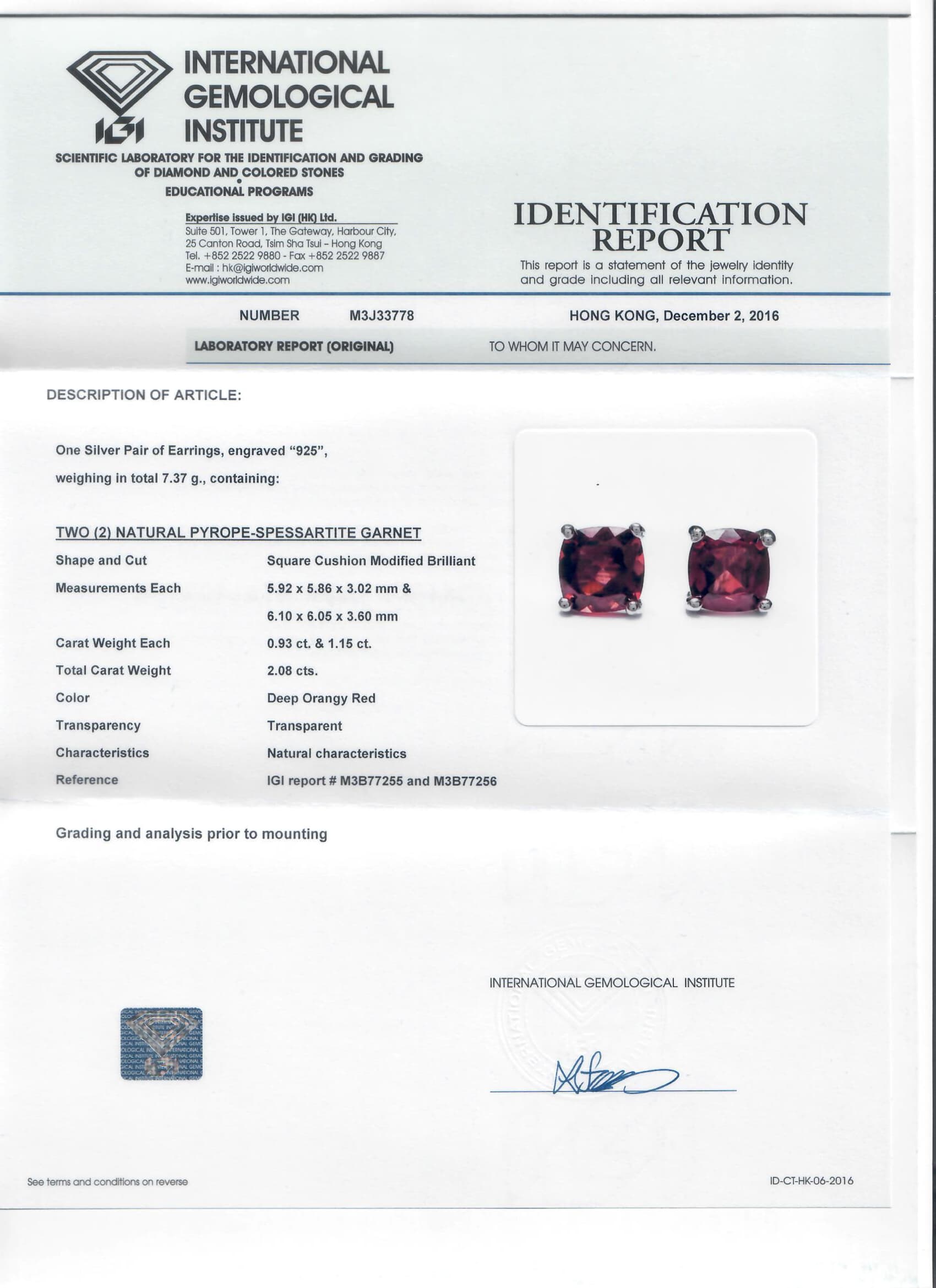 IGI identification report M3J33778 for 925 Silver Pyrope-Spessartite Garnet Earrings Sample