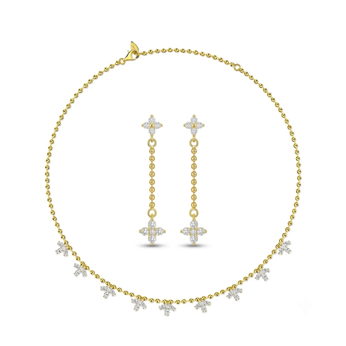 18K Gold Bead Chain Clover Star Necklace & Tassel Earrings Set
