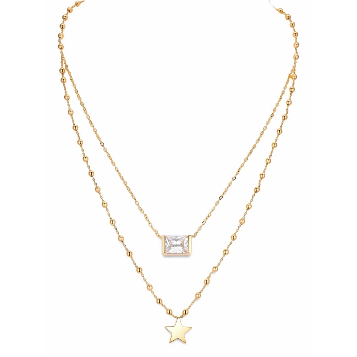 18K Gold Bead Chain Double Layer CZ Star Choker