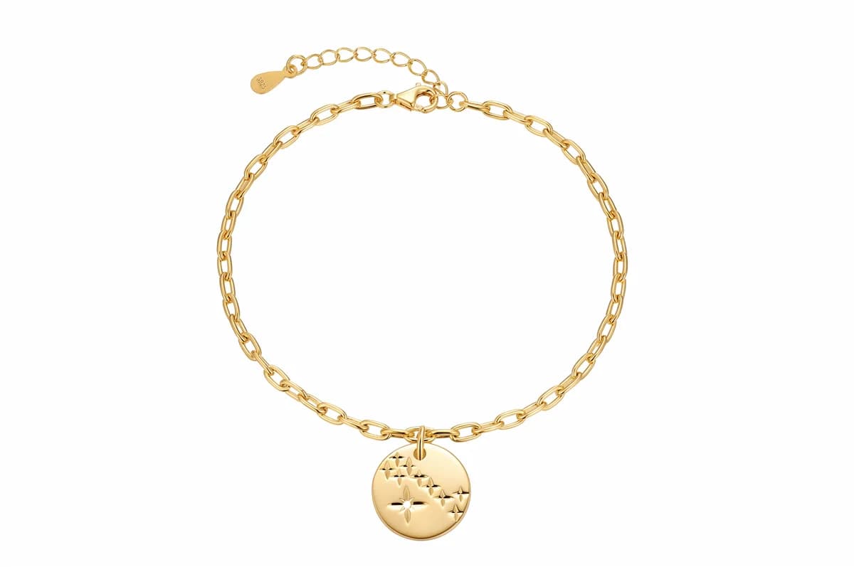 18K Gold Vermeil Gradient Starburst Embossed Disc Charm Thick Paperclip Adjustable Solid Sterling Silver Bracelet