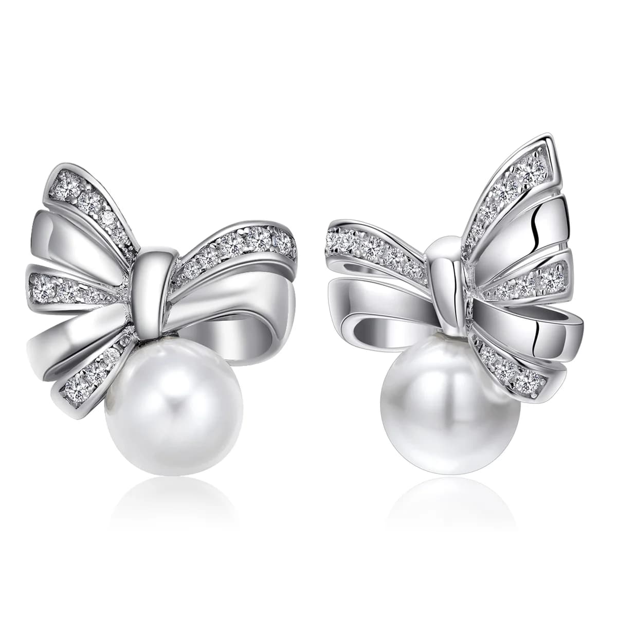 3D Bionic Satin Bow Full Pave Diamond Pearl Dangle Studs