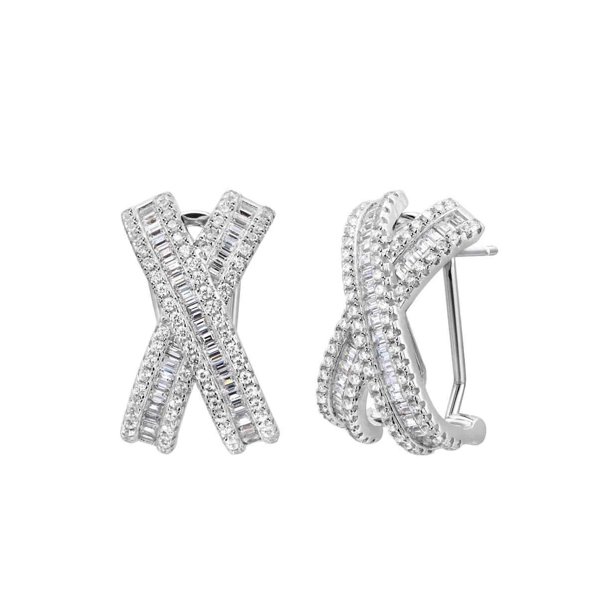 3D Twisted X-Shape Baguette Round Pave Huggie Earrings