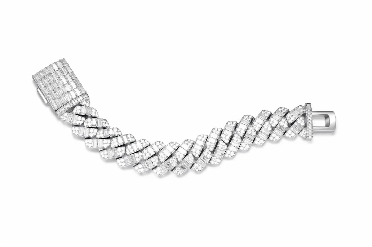 925 Sterling Silver Baguette Cut Full Iced Out Cuban Mens Hip Hop Moissanite Bracelet