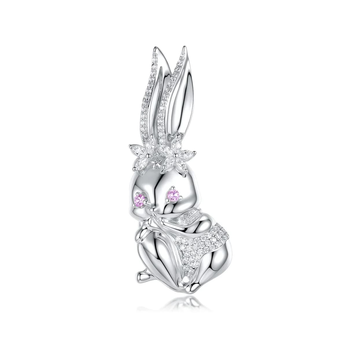 925 Sterling Silver Cute Rabbit Pink Zircon Eyes Full Diamond Women Brooch