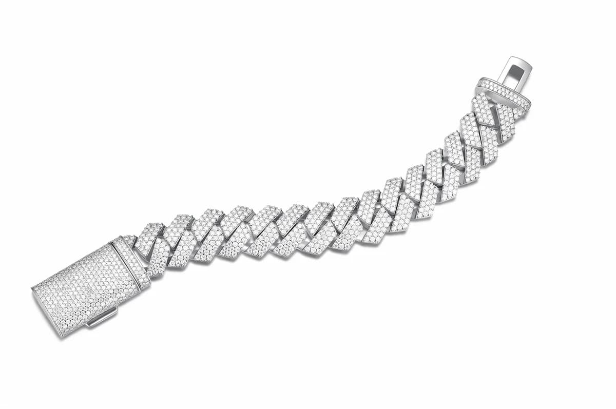 925 Sterling Silver Double Row Full Iced Out Cuban Mens Hip Hop Moissanite Bracelet