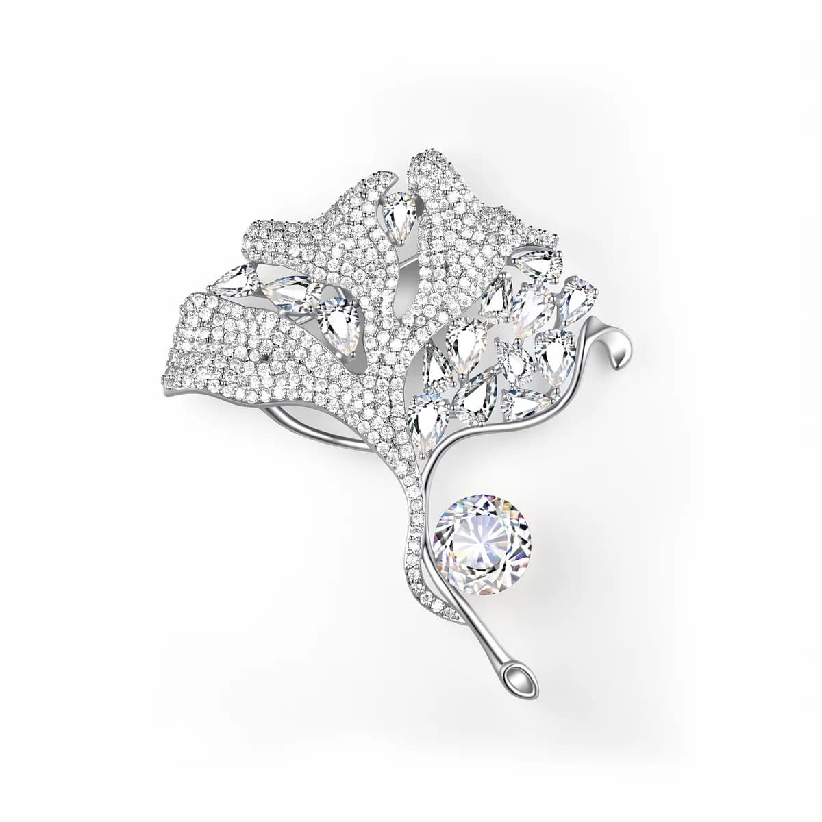 925 Sterling Silver Full Pave Diamond Ginkgo Leaf Teardrop Zircon Women Brooch
