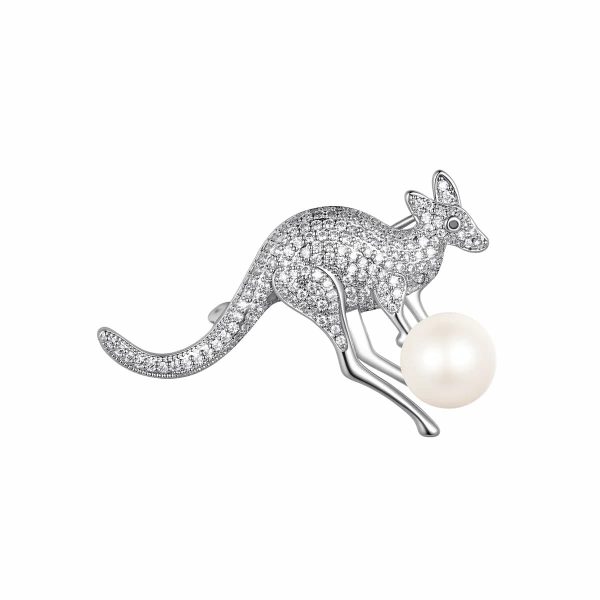 925 Sterling Silver Full Pave Diamond Kangaroo Inlaid Freshwater Pearl Women Brooch