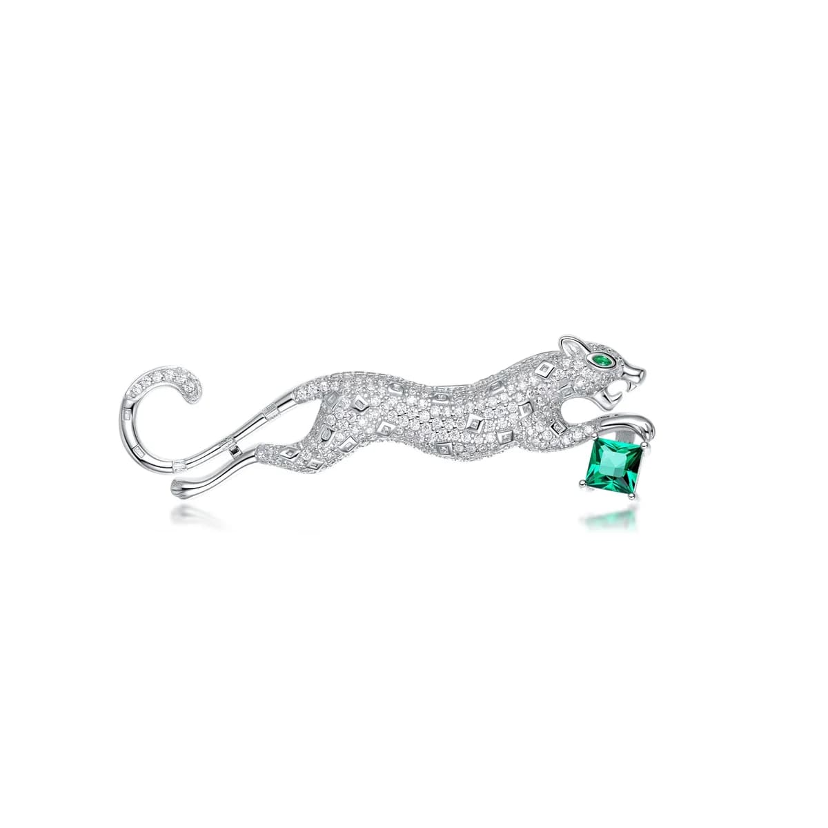925 Sterling Silver Full Pave Diamond Running Panther Emerald Luxury Brooch