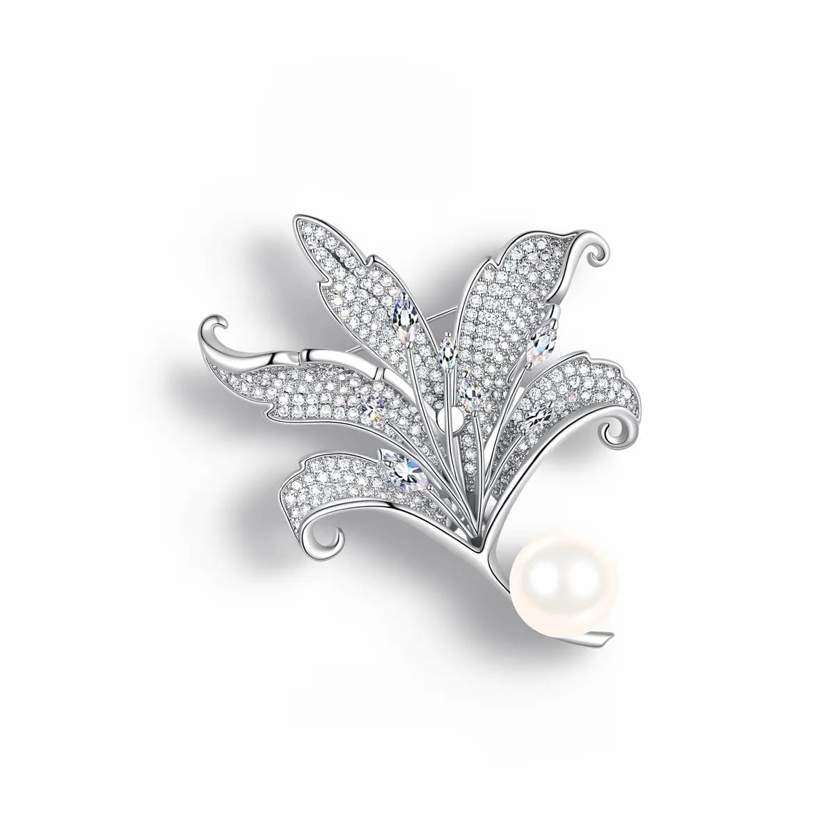 925 Sterling Silver Full Pave Leaf Brooch Marquise Zircon Freshwater Pearl Women Jewelry