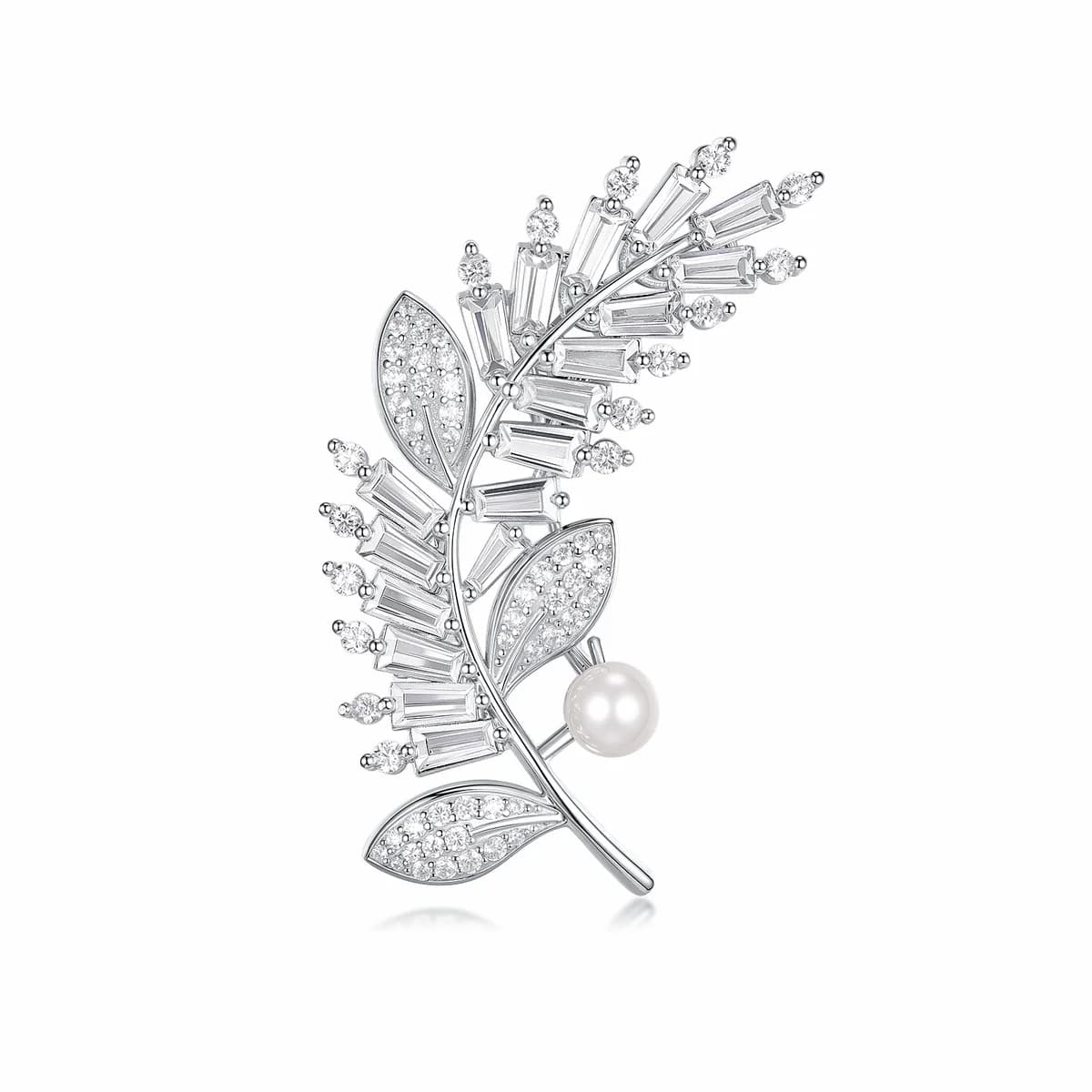 925 Sterling Silver Leaf Cluster Tapered Cut Diamond Freshwater Pearl Women Brooch