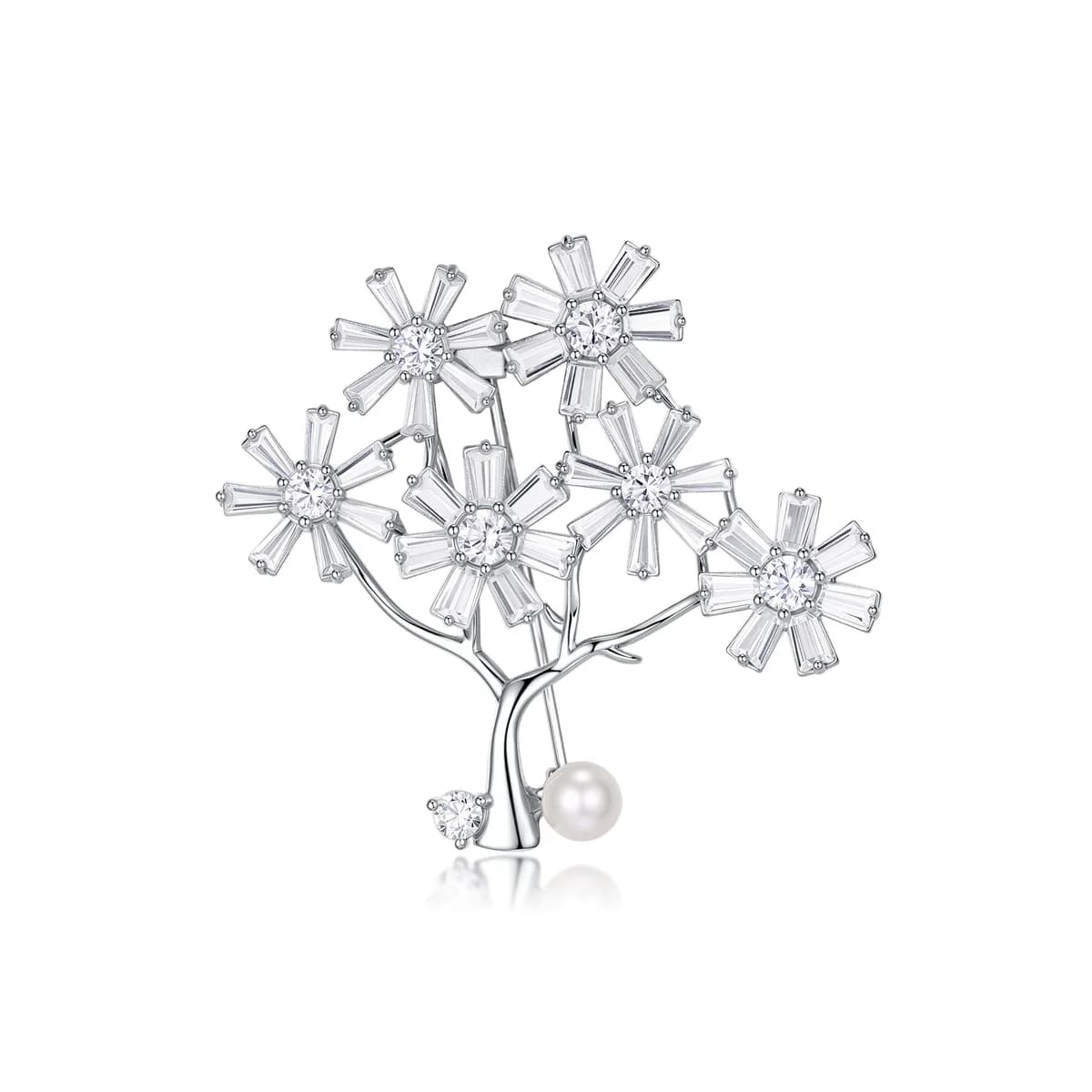925 Sterling Silver Lucky Tree Daisy Diamond Brooch, Freshwater Pearl Women Pin Jewelry