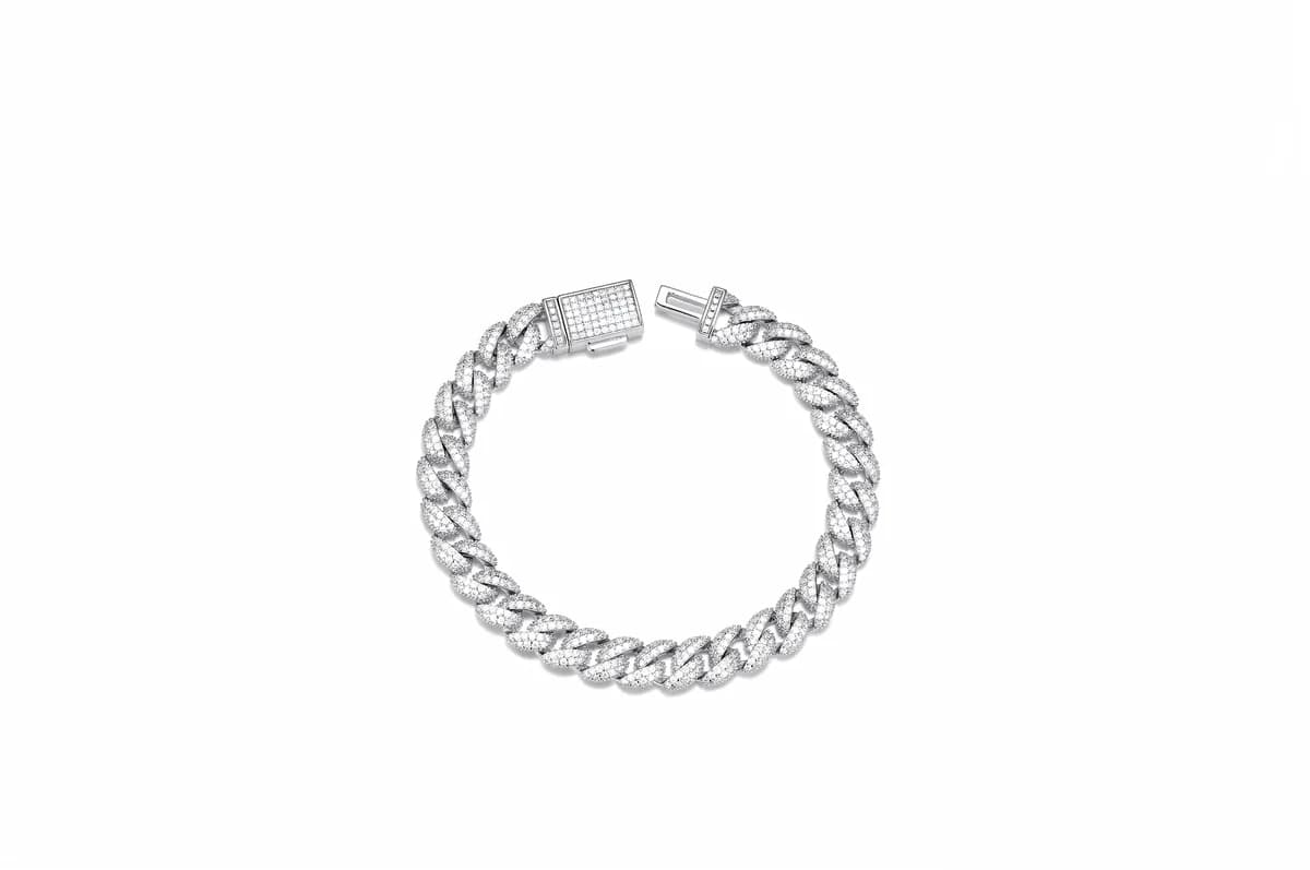 925 Sterling Silver Narrow Iced Out Cuban Link Mens Hip Hop Moissanite Bracelet
