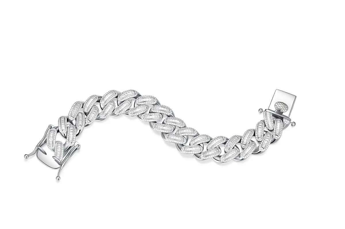 925 Sterling Silver Pave Baguette Cuban Link Mens Hip Hop Moissanite Bracelet